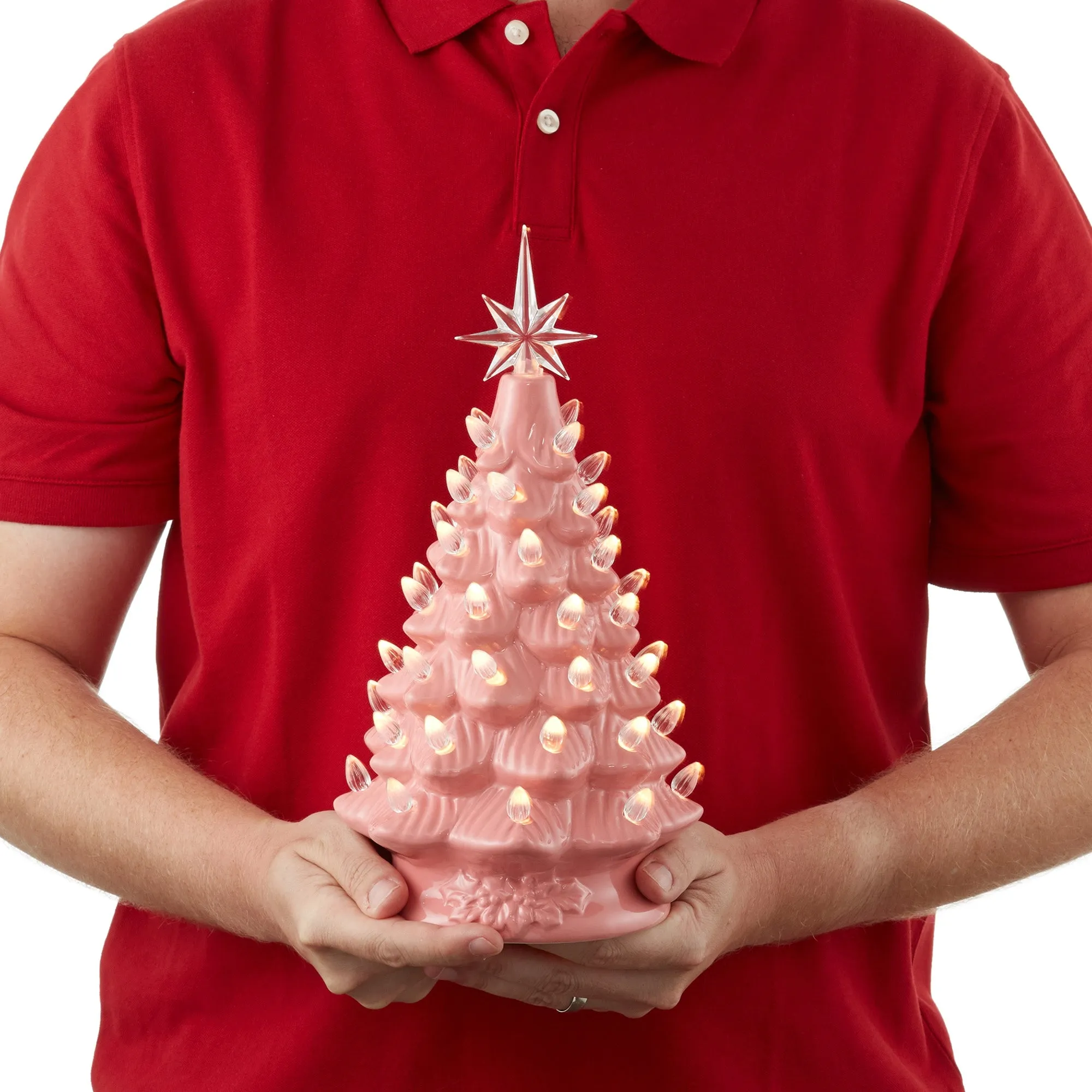 12" Hand Painted Ceramic Christmas Tree, Pre-Lit Tree with Star