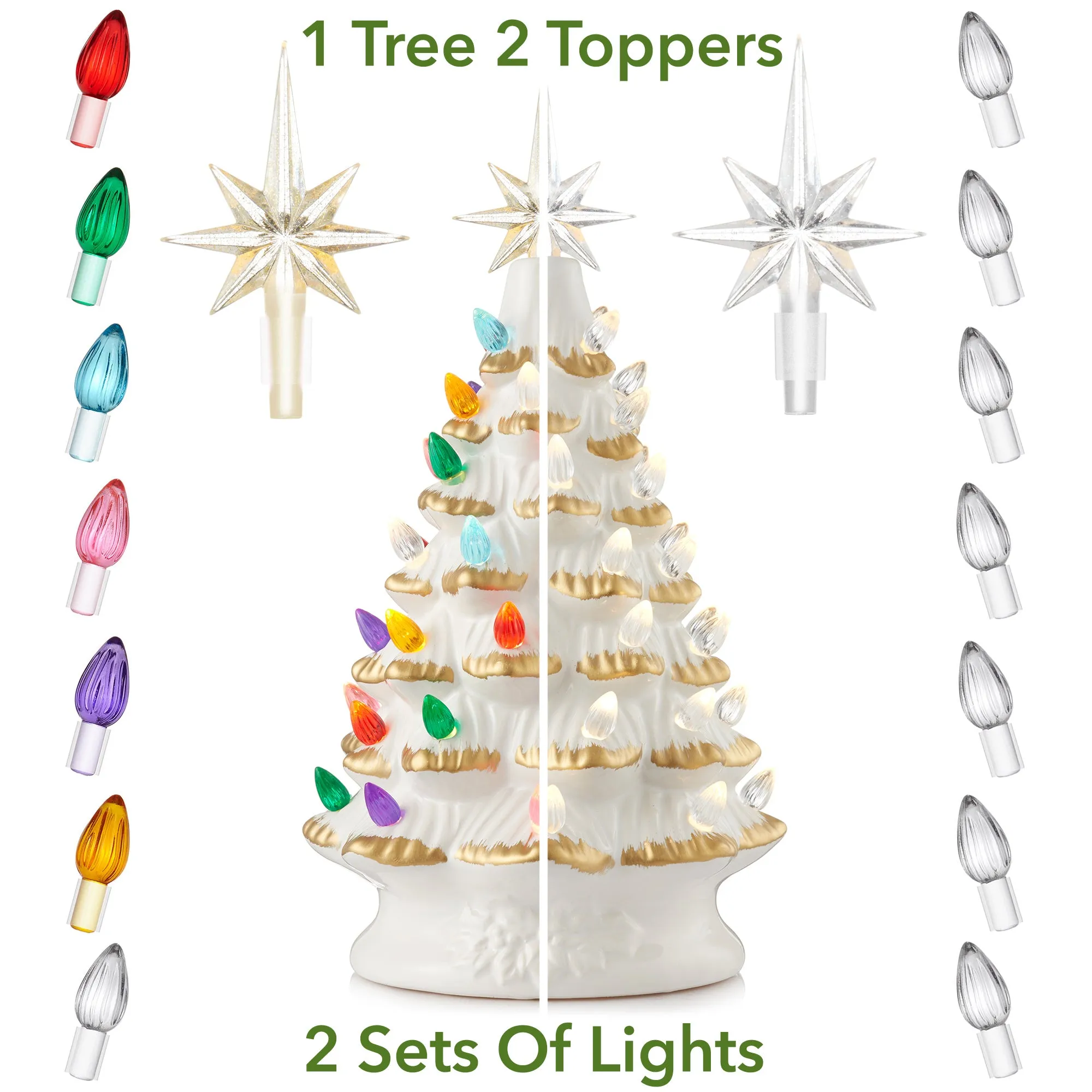 12" Hand Painted Ceramic Christmas Tree, Pre-Lit Tree with Star