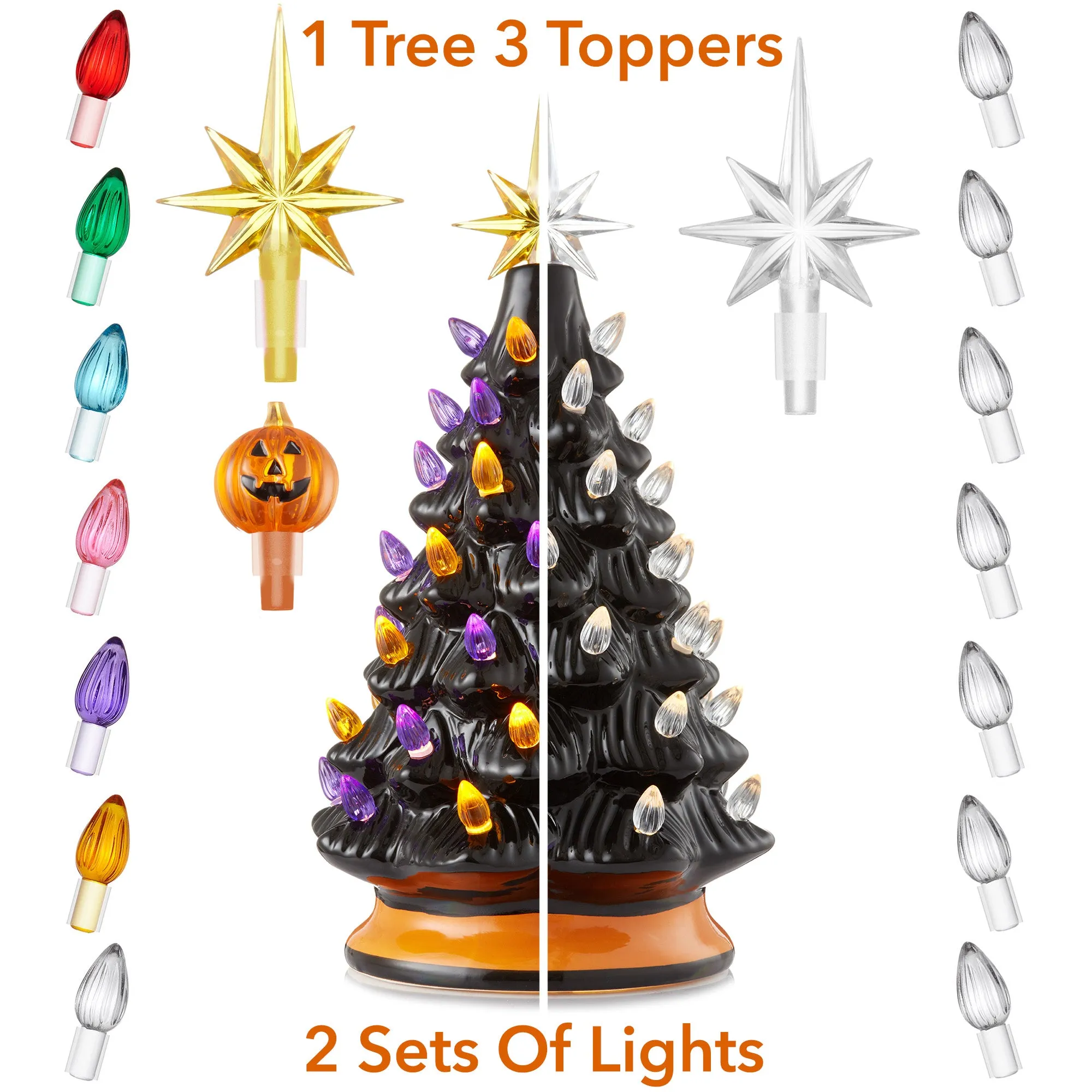 12" Hand Painted Ceramic Christmas Tree, Pre-Lit Tree with Star