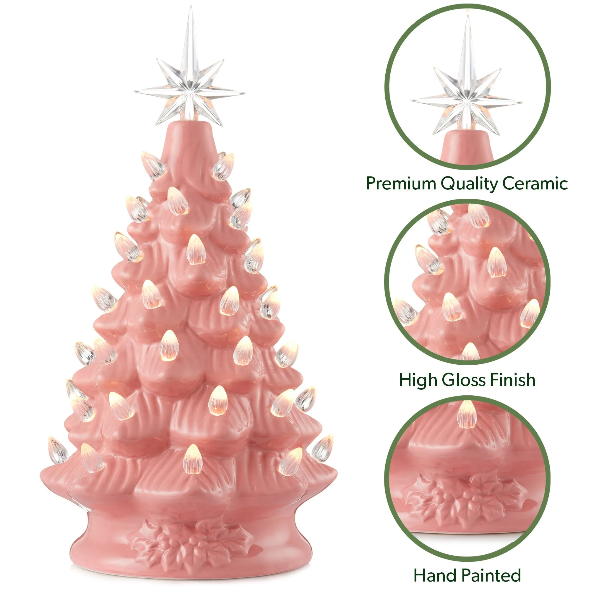 12" Hand Painted Ceramic Christmas Tree, Pre-Lit Tree with Star