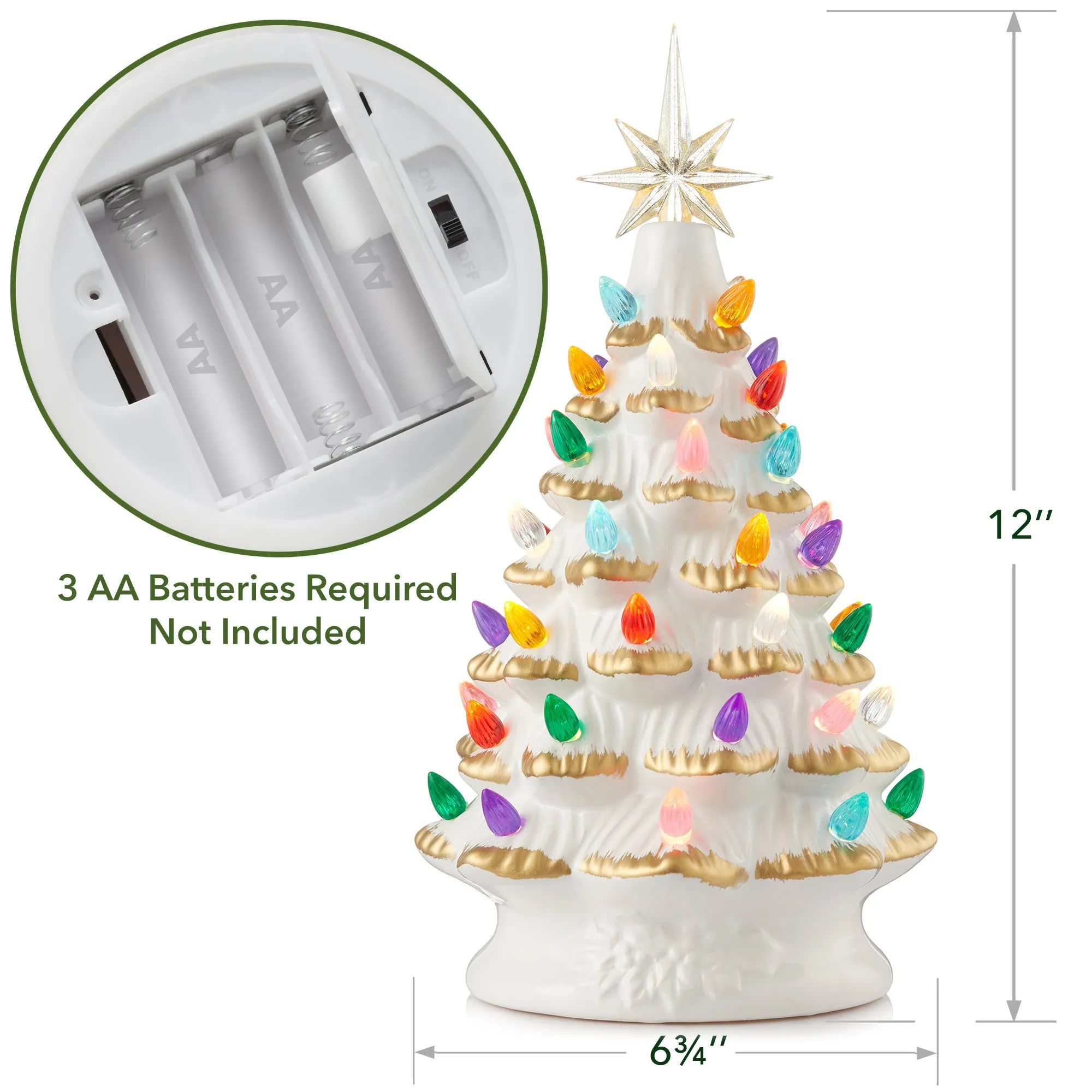 12" Hand Painted Ceramic Christmas Tree, Pre-Lit Tree with Star