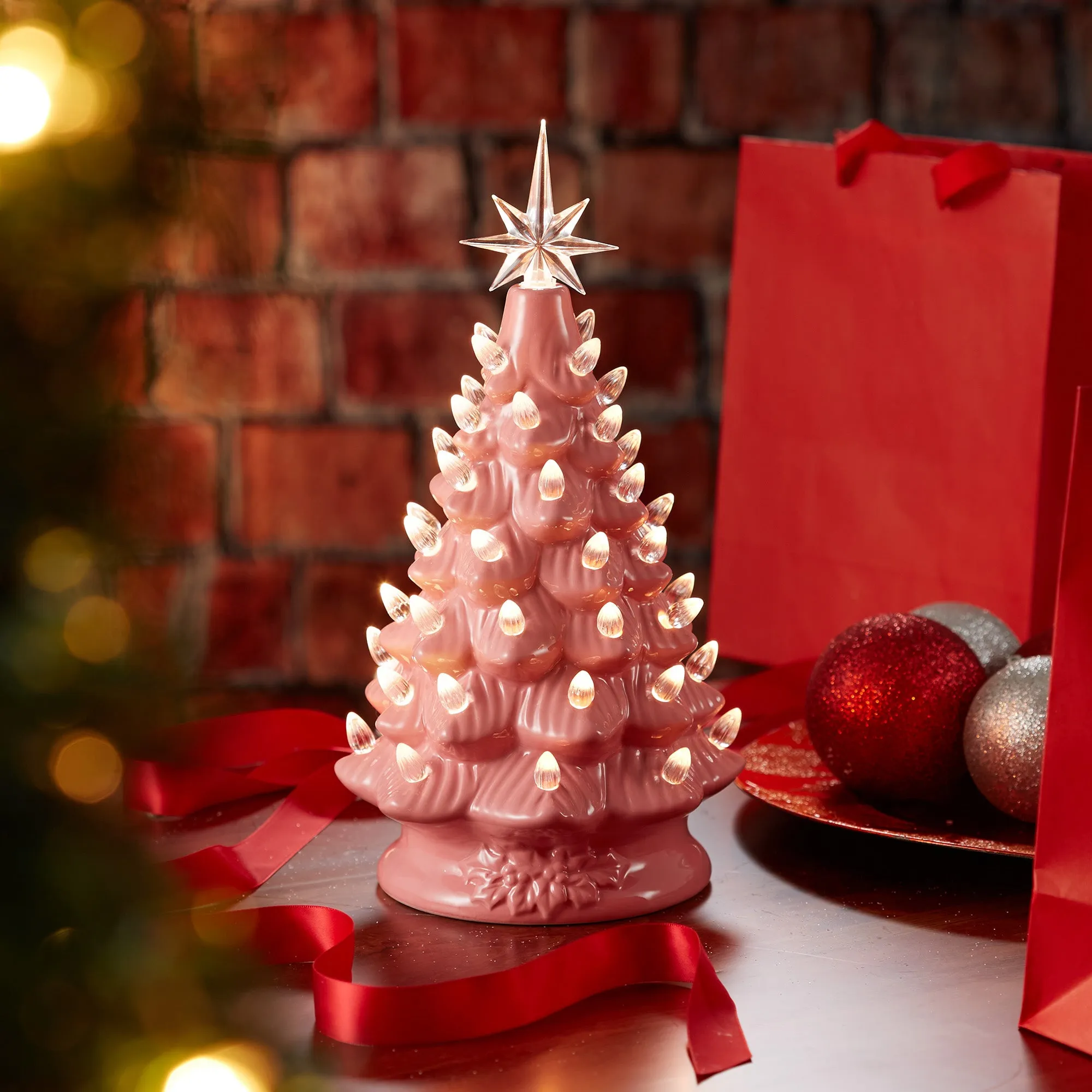 12" Hand Painted Ceramic Christmas Tree, Pre-Lit Tree with Star