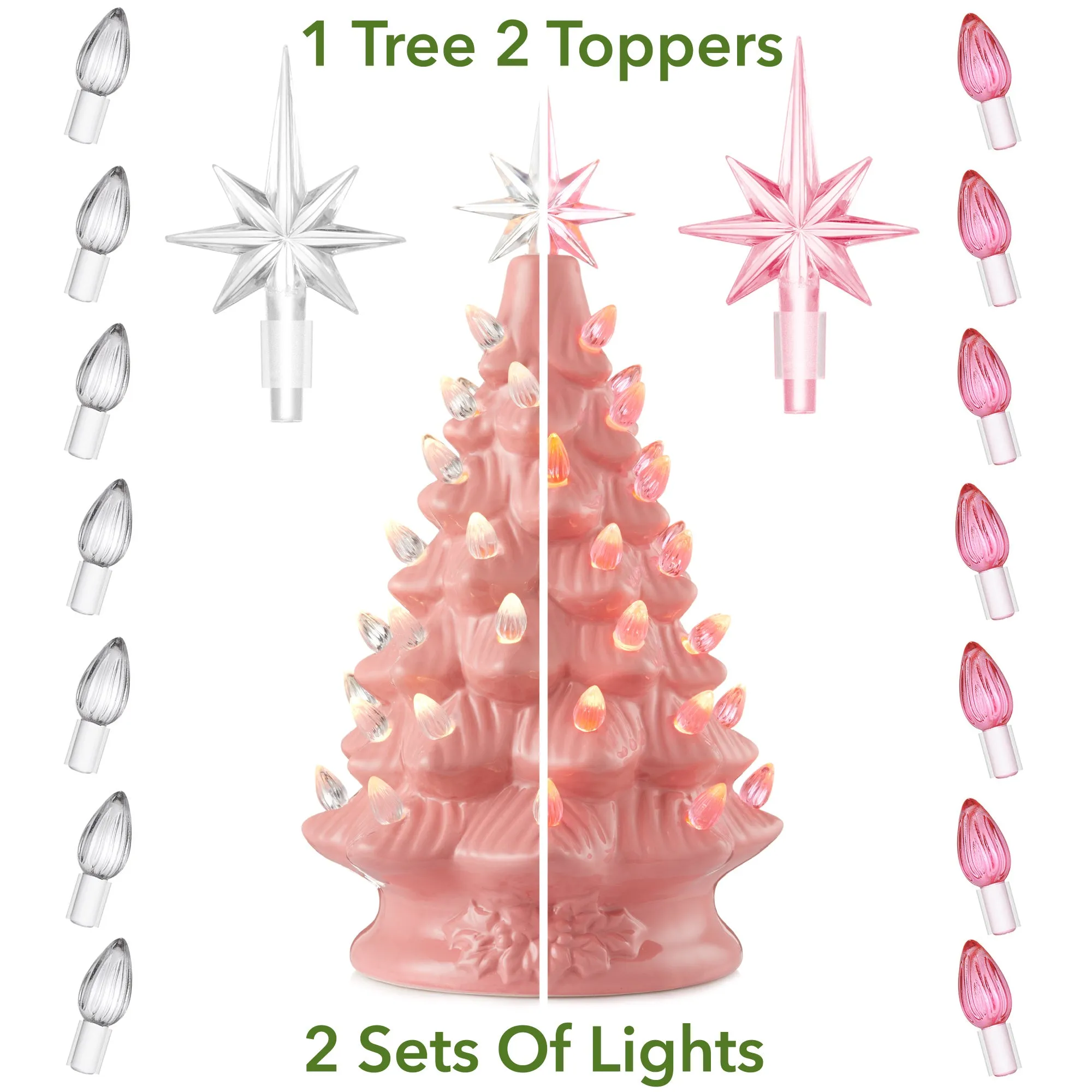 12" Hand Painted Ceramic Christmas Tree, Pre-Lit Tree with Star