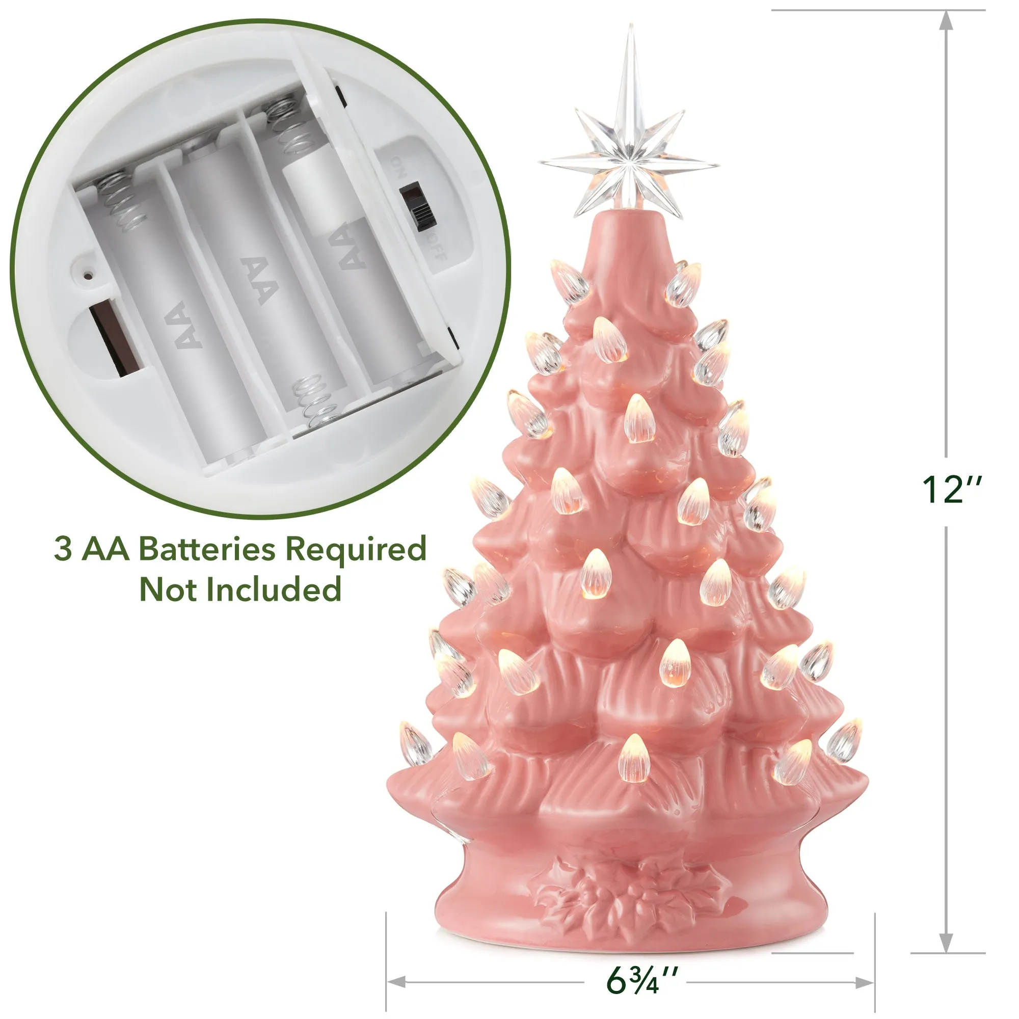12" Hand Painted Ceramic Christmas Tree, Pre-Lit Tree with Star