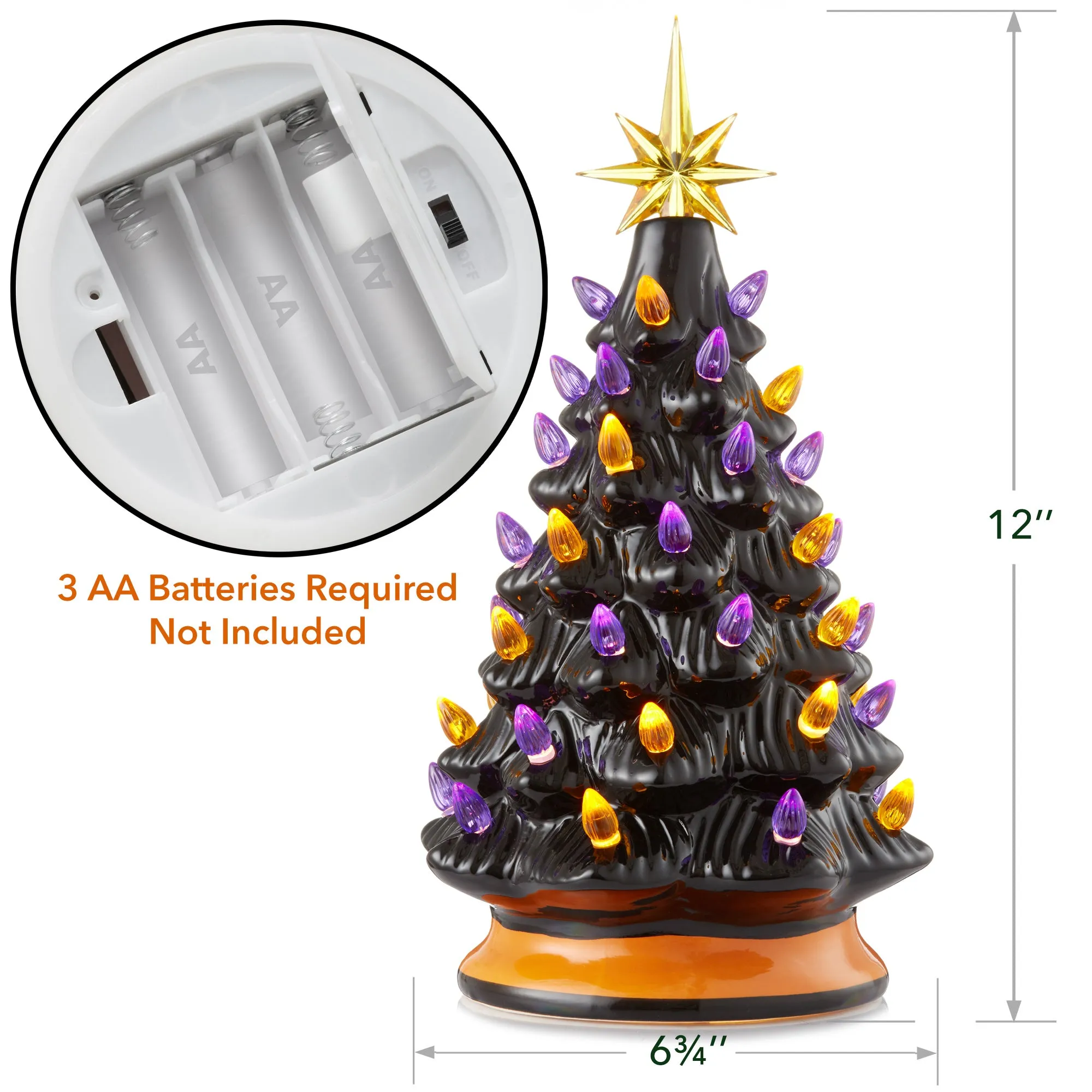 12" Hand Painted Ceramic Christmas Tree, Pre-Lit Tree with Star