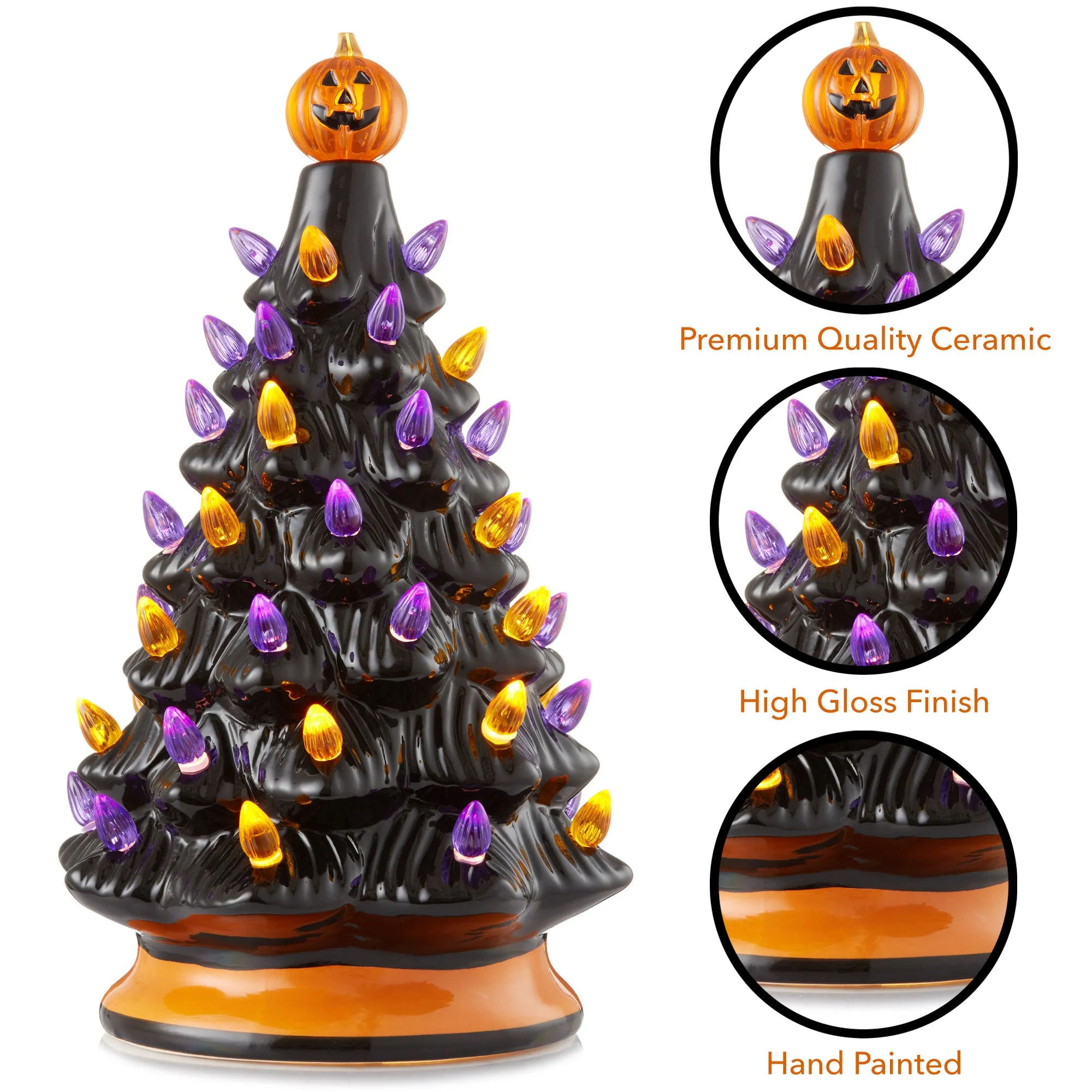 12" Hand Painted Ceramic Christmas Tree, Pre-Lit Tree with Star