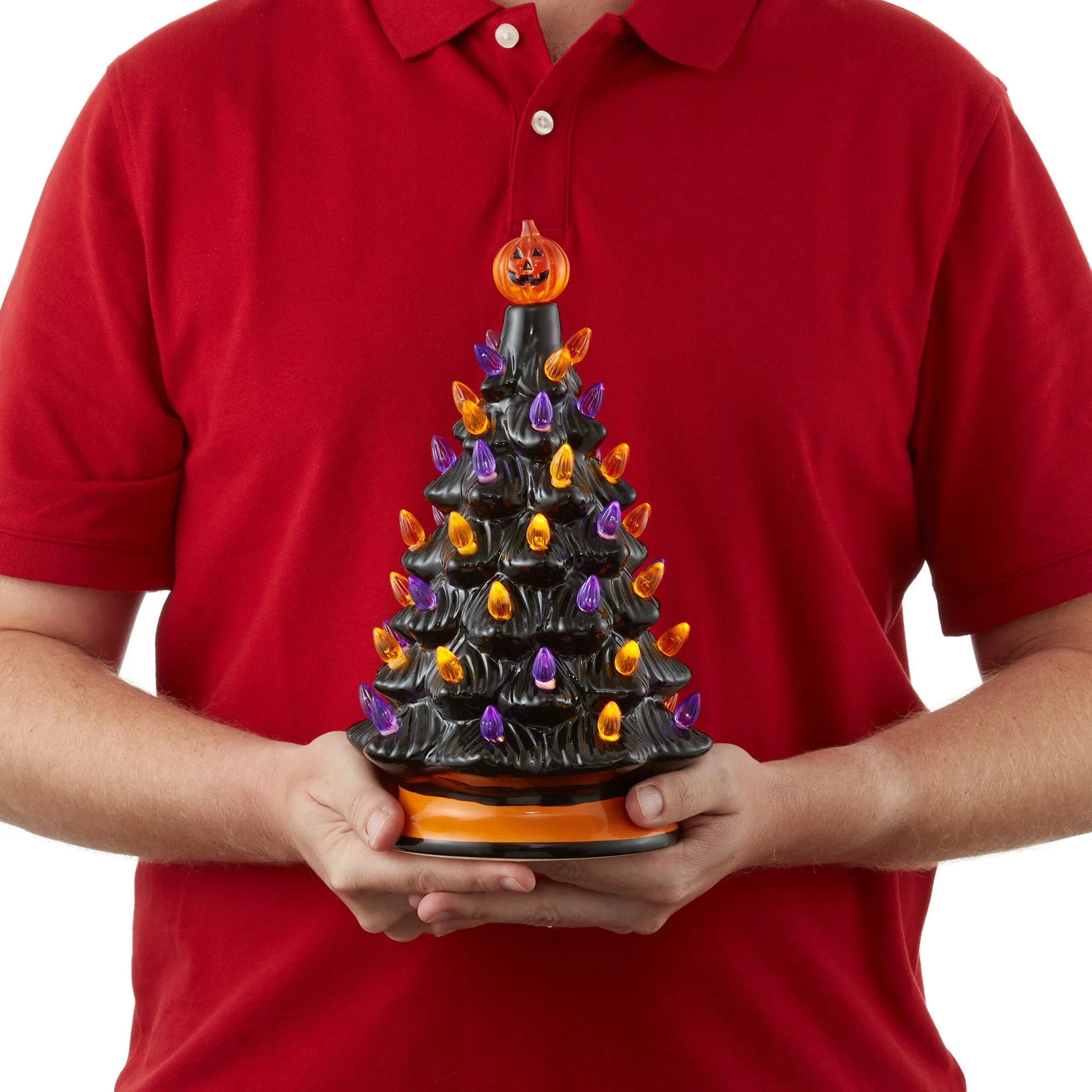 12" Hand Painted Ceramic Christmas Tree, Pre-Lit Tree with Star