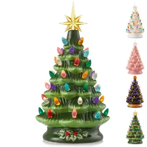 12" Hand Painted Ceramic Christmas Tree, Pre-Lit Tree with Star