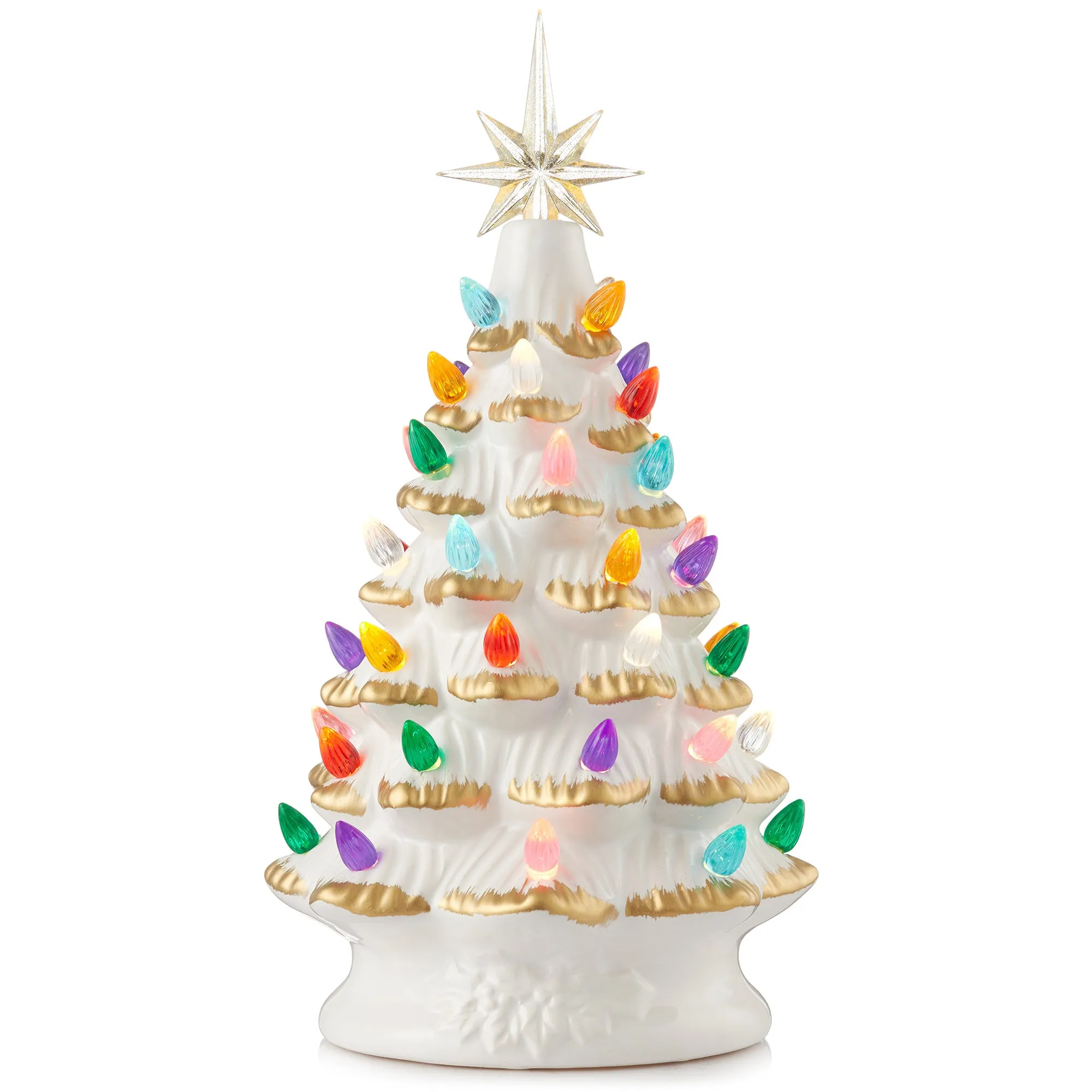 12" Hand Painted Ceramic Christmas Tree, Pre-Lit Tree with Star