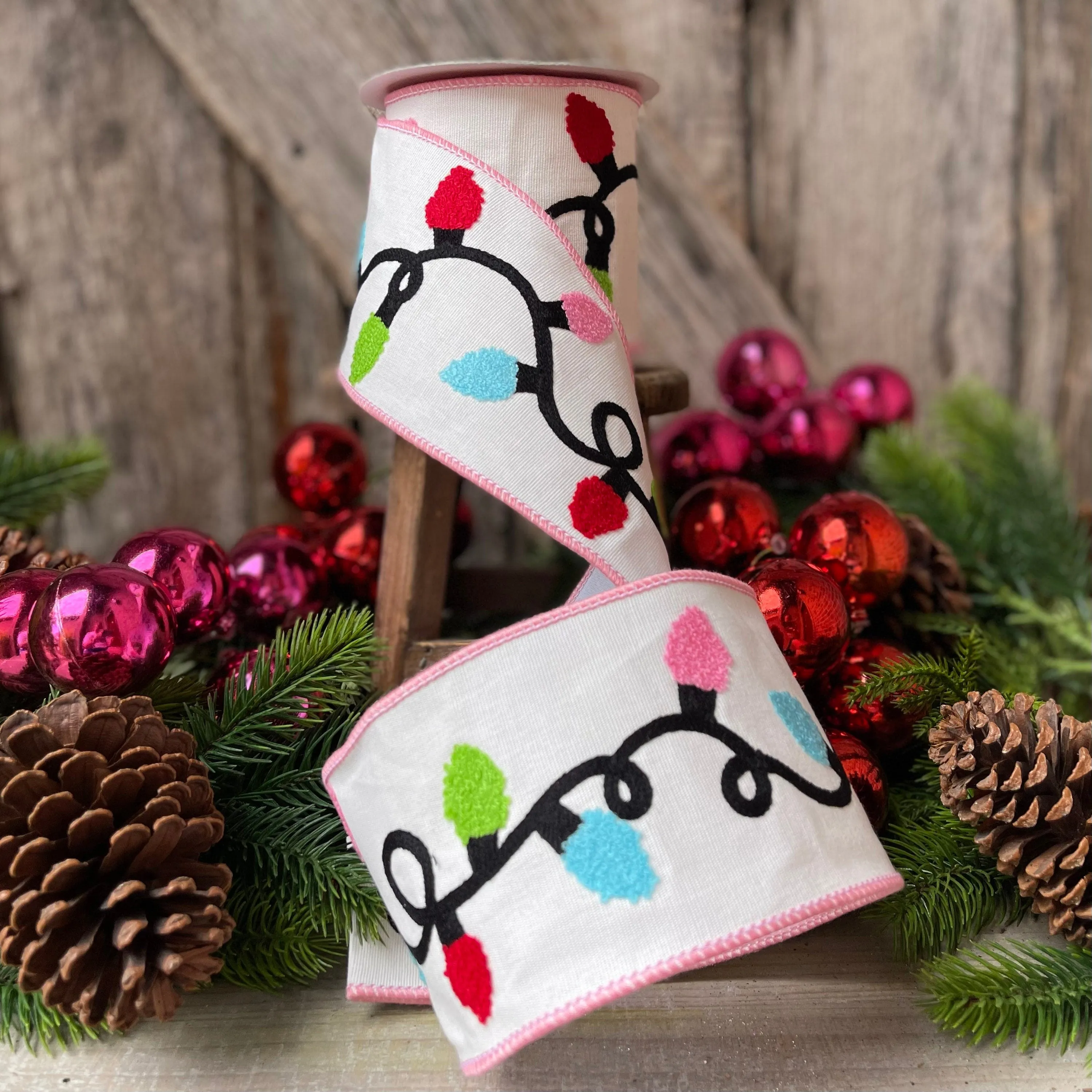 4" Christmas Ribbon, Christmas Lights Ribbon