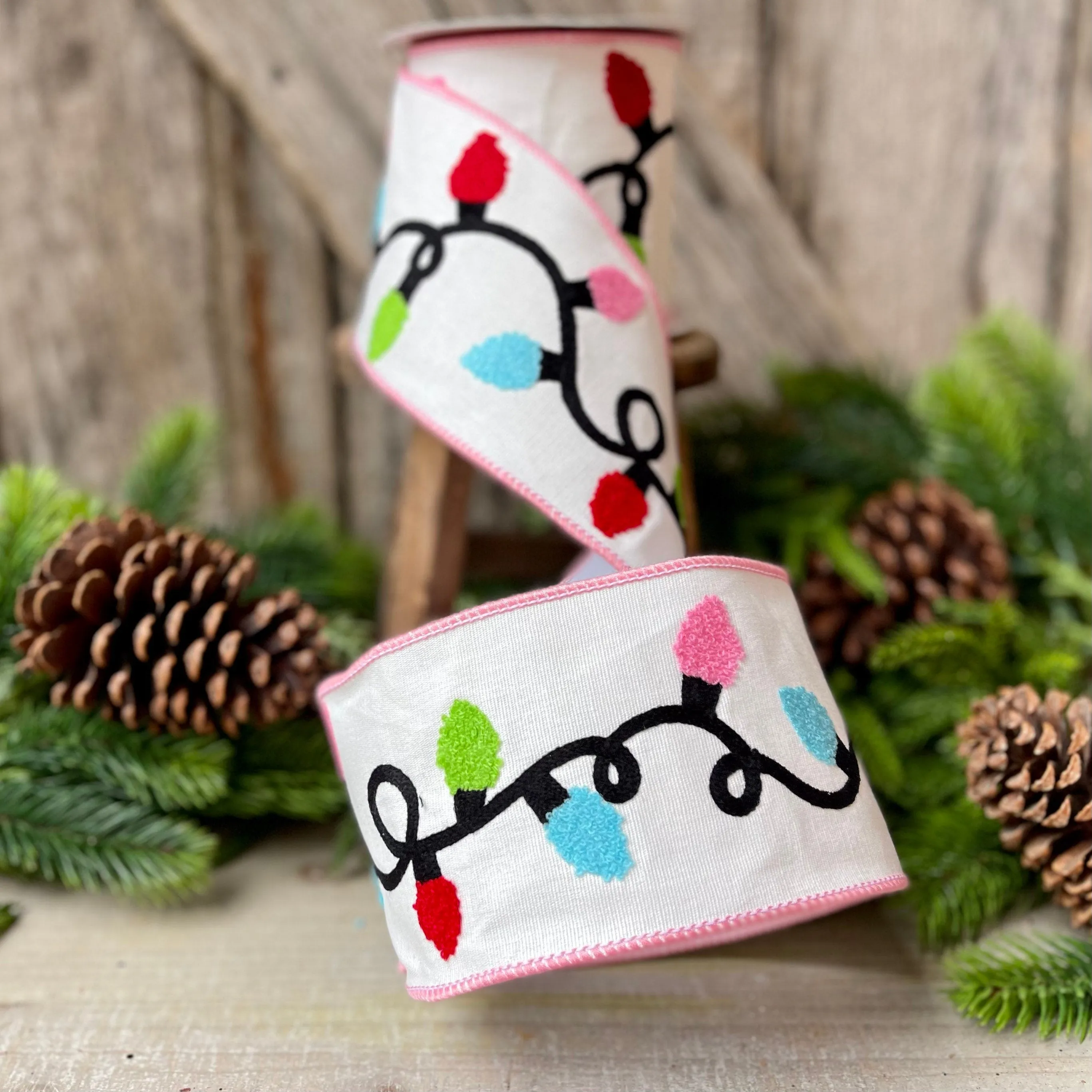 4" Christmas Ribbon, Christmas Lights Ribbon
