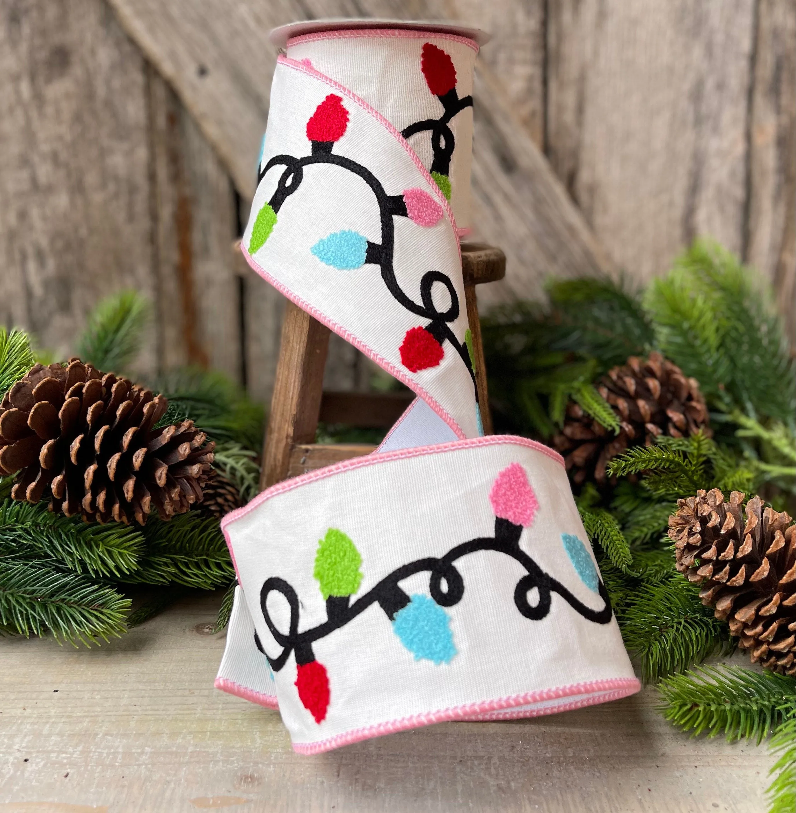 4" Christmas Ribbon, Christmas Lights Ribbon