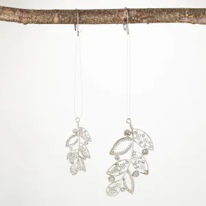 4"H and 3"H Sullivans Jeweled Leaf Ornament - Set of 2, Silver Christmas Ornaments