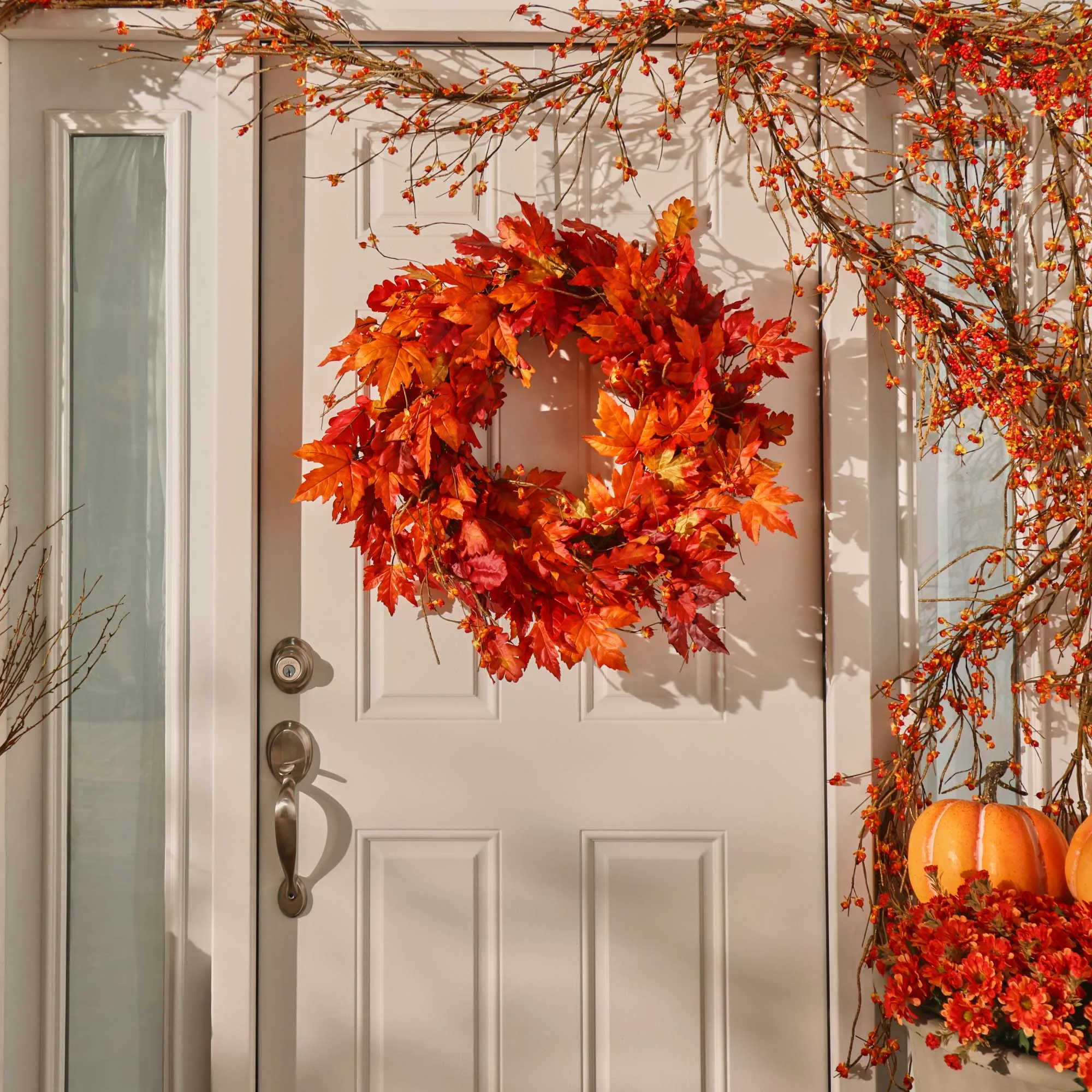 Autumn Blaze Red Maple & Oak Leaf Bittersweet Berry Fall Front Door Mantel Wreath