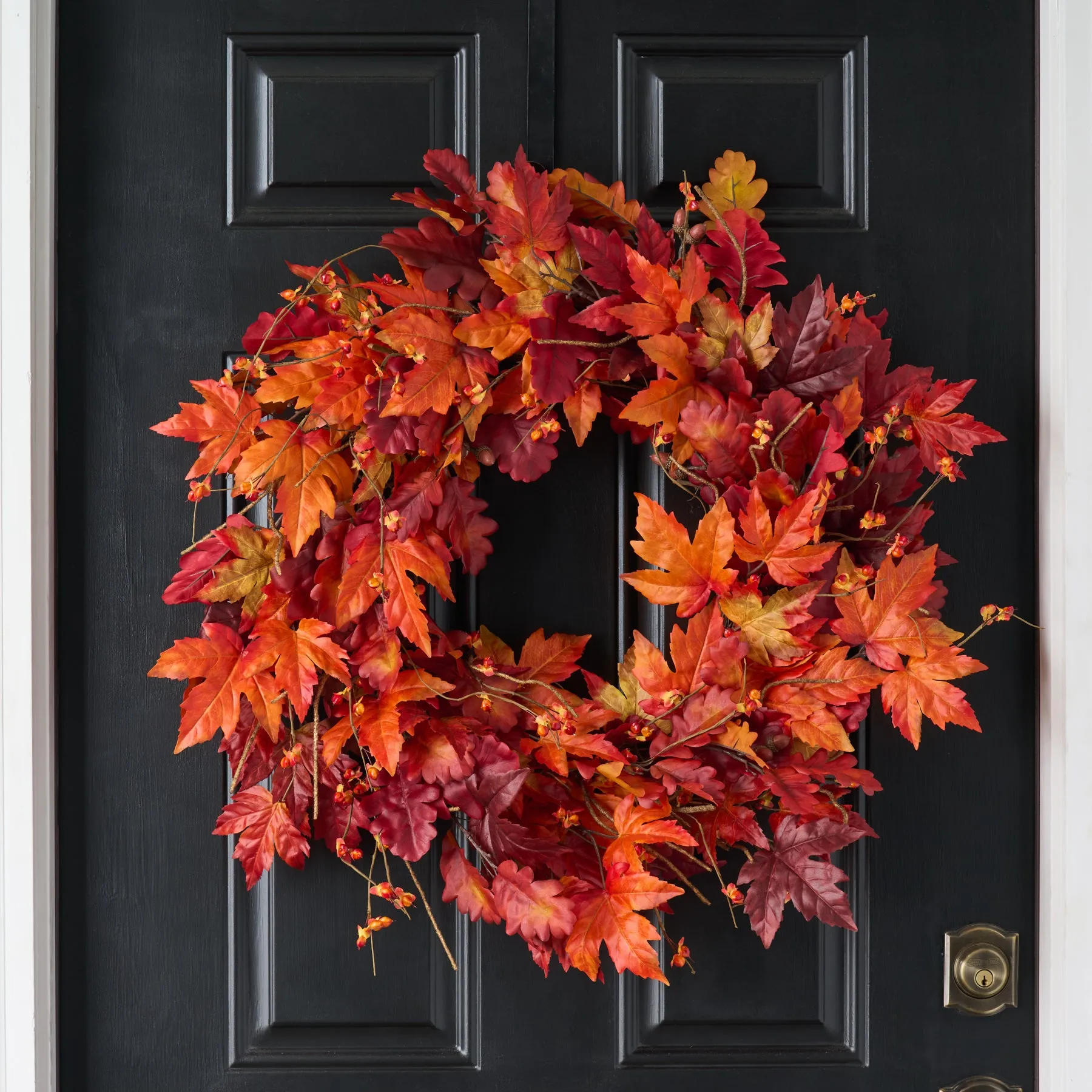 Autumn Blaze Red Maple & Oak Leaf Bittersweet Berry Fall Front Door Mantel Wreath