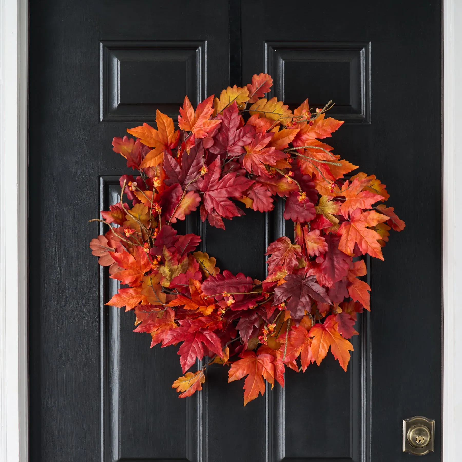 Autumn Blaze Red Maple & Oak Leaf Bittersweet Berry Fall Front Door Mantel Wreath