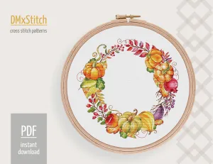 Autumn wreath Cross stitch pattern Fall Cross Stitch pdf Modern cross stitch pattern Pumpkin cross stitch Counted cross stitch Thanksgiving