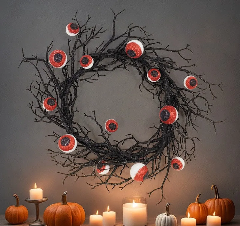 Bulk 17" Artificial Spooky Eyeball Wreath Black Tree Branch Glowing Wreath for Halloween Festival Party Front Door Decor Wholesale