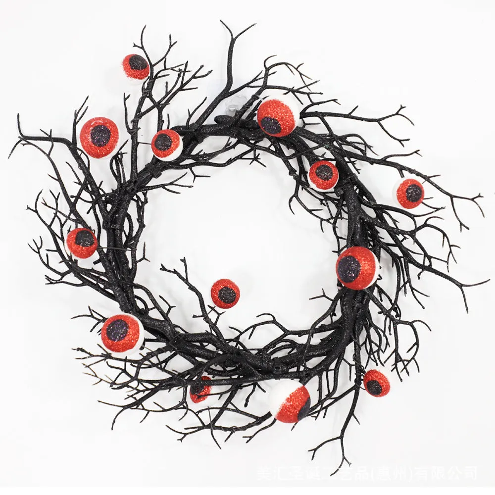 Bulk 17" Artificial Spooky Eyeball Wreath Black Tree Branch Glowing Wreath for Halloween Festival Party Front Door Decor Wholesale