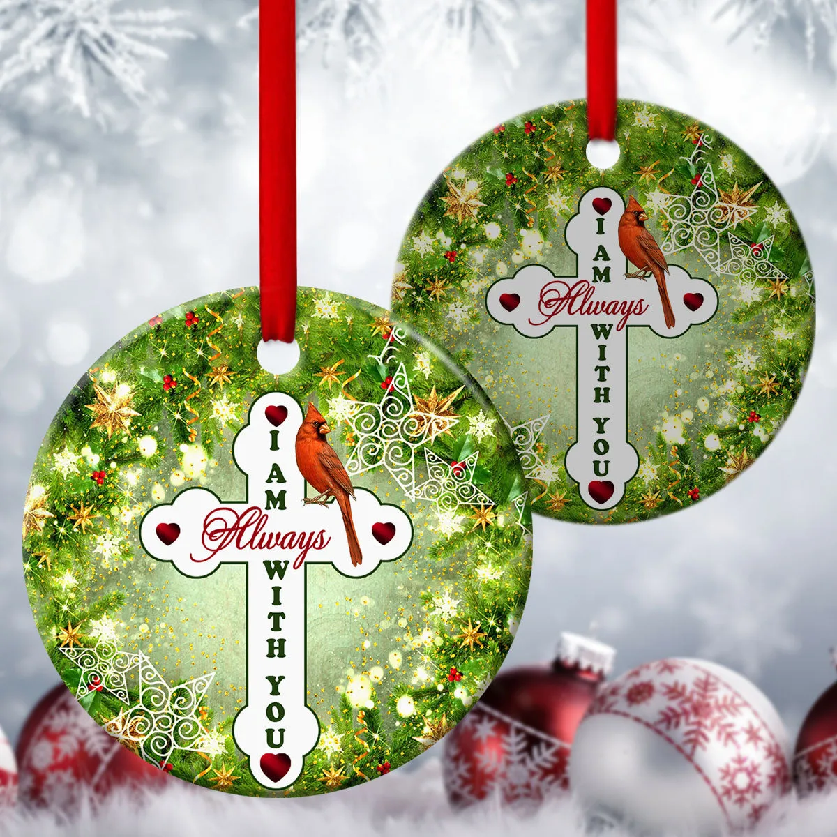 Cardinal Bird Ceramic Circle Ornament - God Is Always Beside You - Ornaments Hanging Gift - Nativity Ornaments