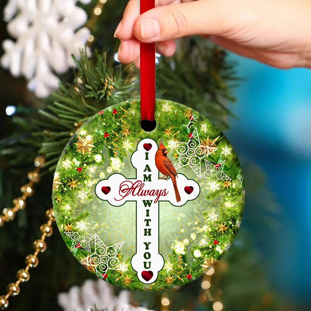 Cardinal Bird Ceramic Circle Ornament - God Is Always Beside You - Ornaments Hanging Gift - Nativity Ornaments