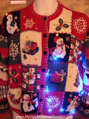 Cheesy Patchwork Mess Cute Christmas Sweater with Lights