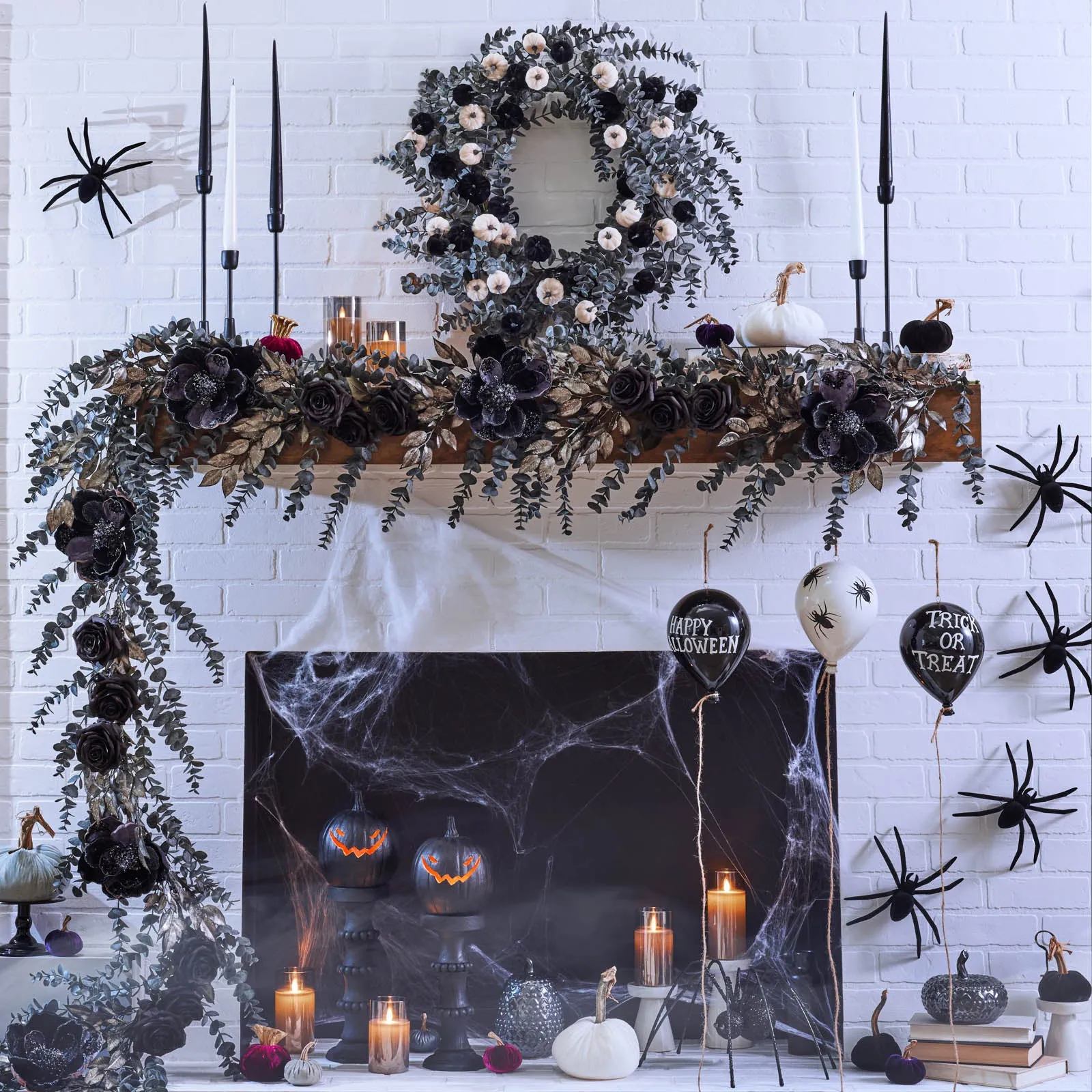 Dark Enchantment - Black & White Velvet Pumpkins with Midnight Eucalyptus Fall Halloween Wreath