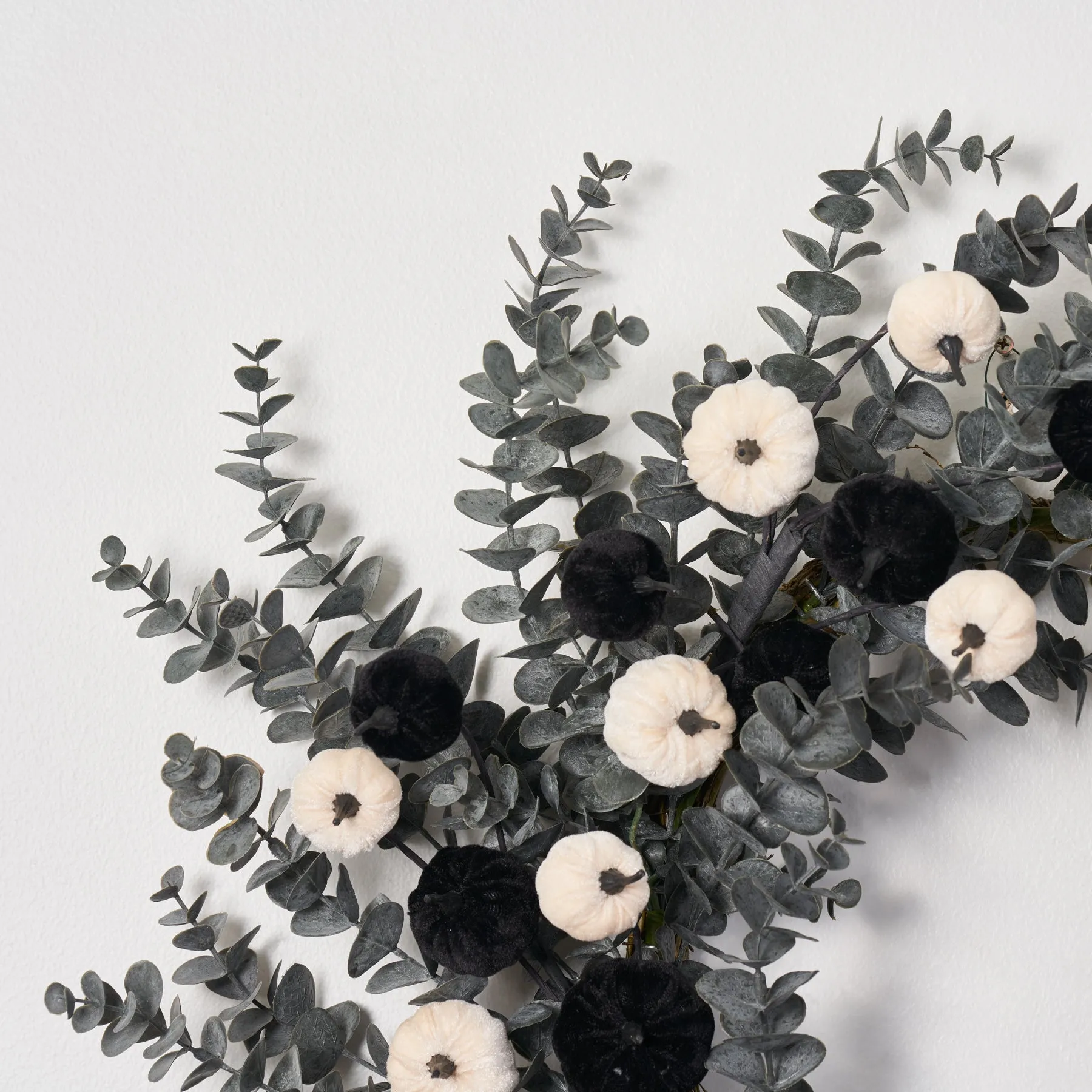 Dark Enchantment - Black & White Velvet Pumpkins with Midnight Eucalyptus Fall Halloween Wreath