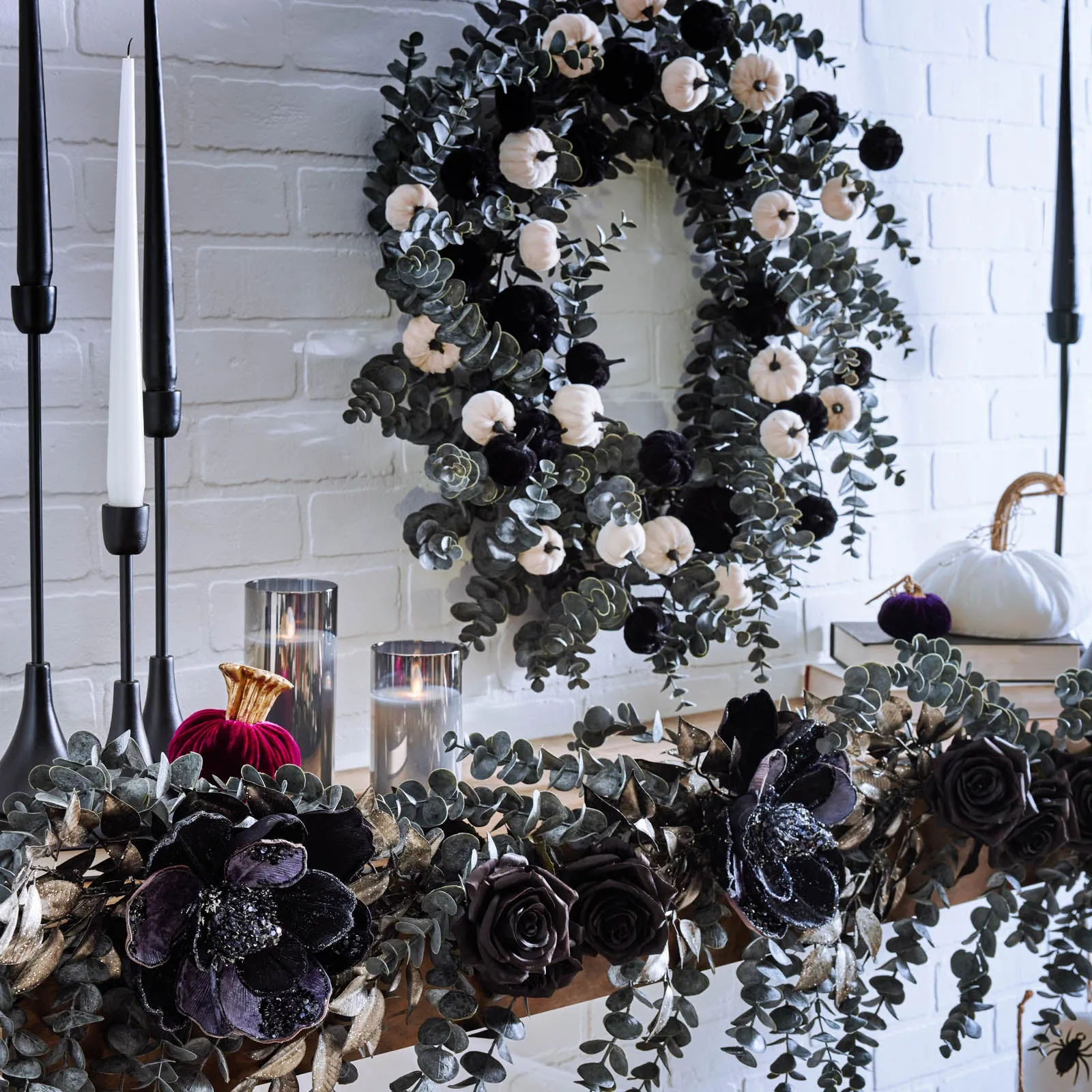 Dark Enchantment - Black & White Velvet Pumpkins with Midnight Eucalyptus Fall Halloween Wreath