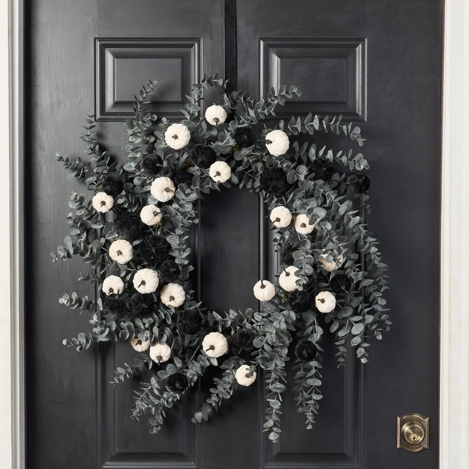 Dark Enchantment - Black & White Velvet Pumpkins with Midnight Eucalyptus Fall Halloween Wreath