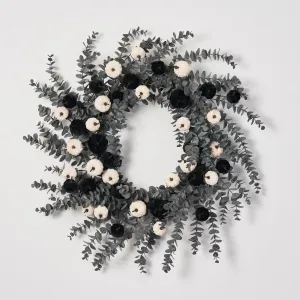 Dark Enchantment - Black & White Velvet Pumpkins with Midnight Eucalyptus Fall Halloween Wreath