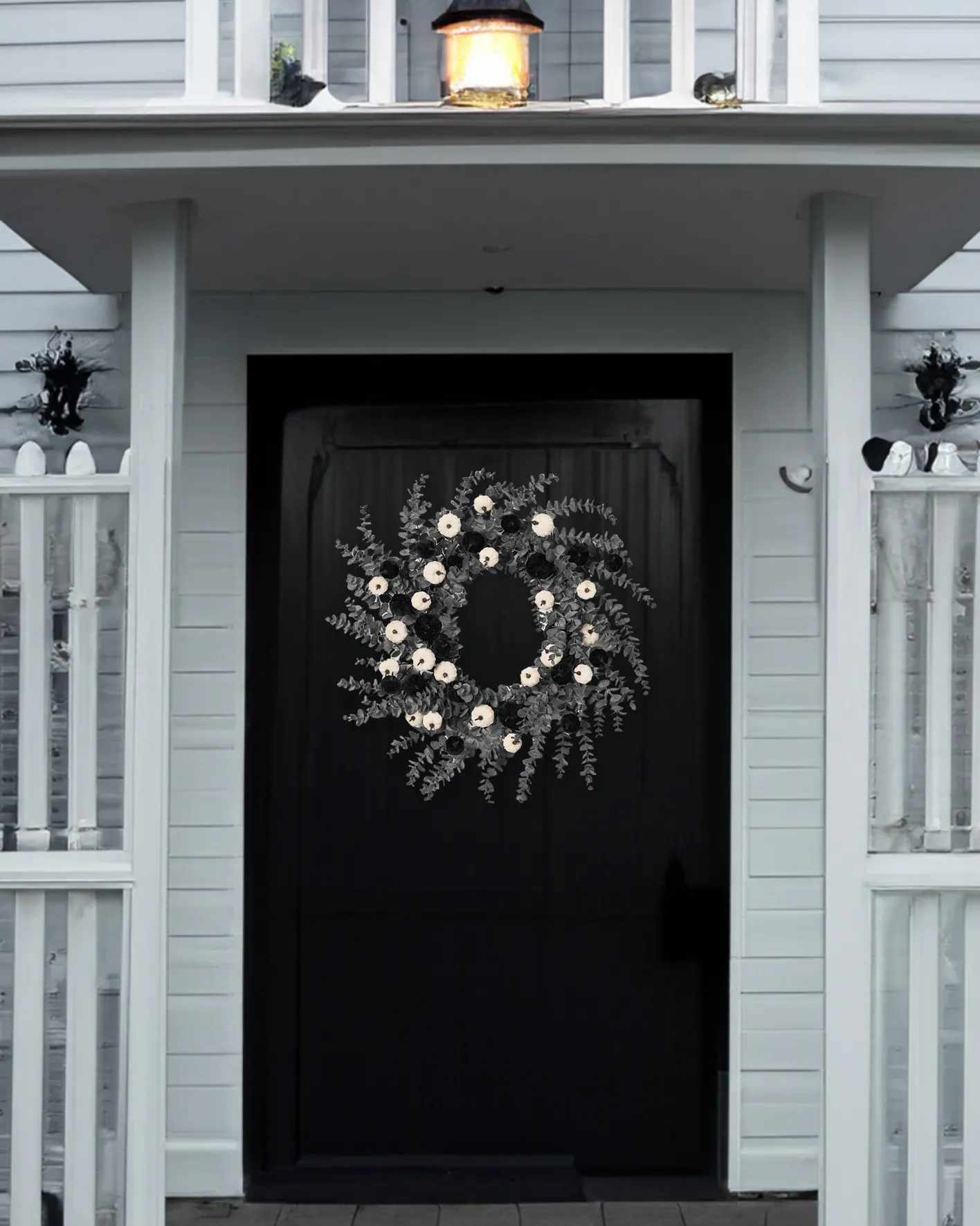 Dark Enchantment - Black & White Velvet Pumpkins with Midnight Eucalyptus Fall Halloween Wreath