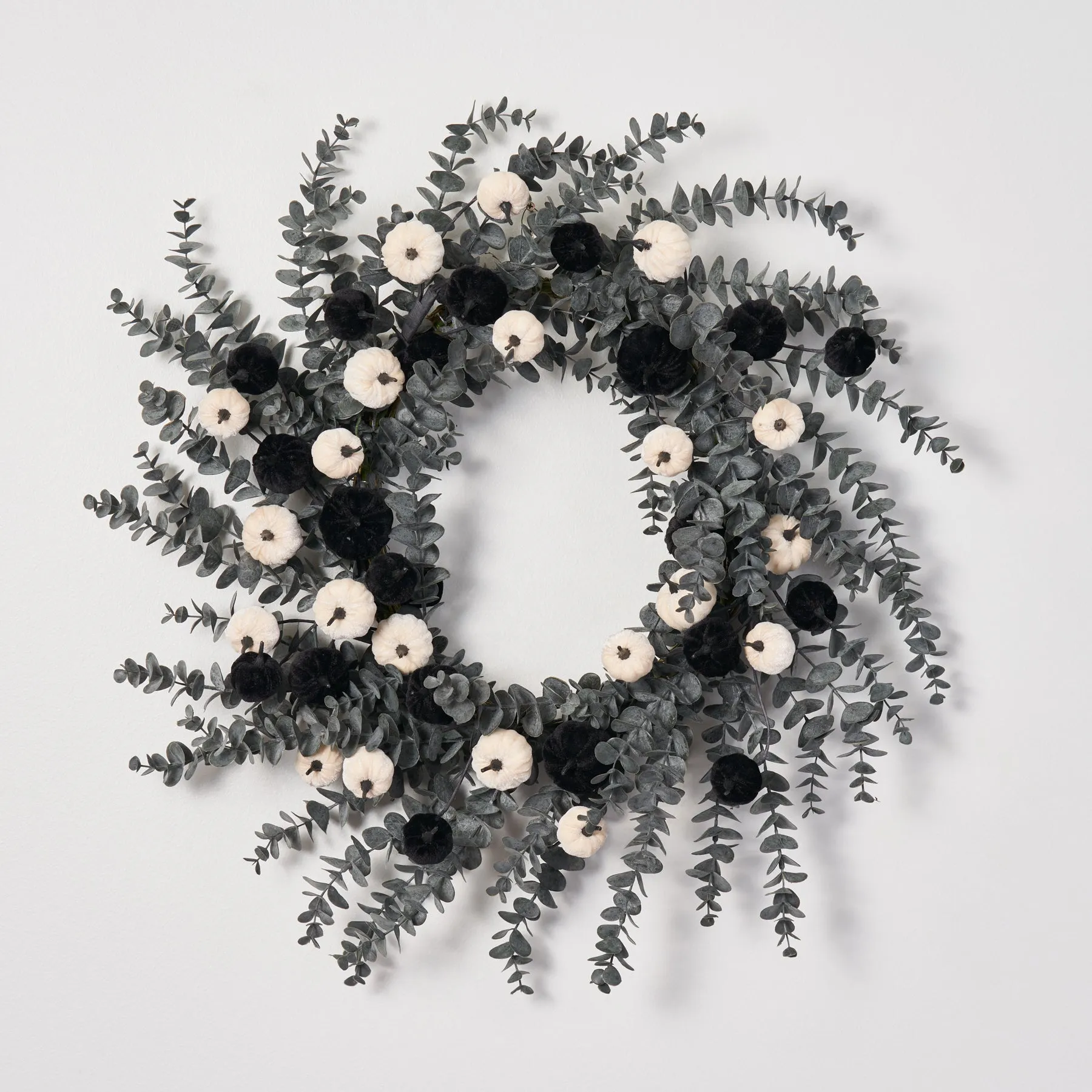 Dark Enchantment - Black & White Velvet Pumpkins with Midnight Eucalyptus Fall Halloween Wreath