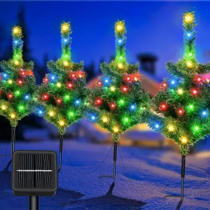 essential Christmas Decorations Outdoor 4 Pack Solar Christmas Tree with 80pcs Multi-Color C6 Snowflake Led Lights 8 Lighting Modes Waterproof Pathway Lights for Outside Garden and Yard Patio 4 Green