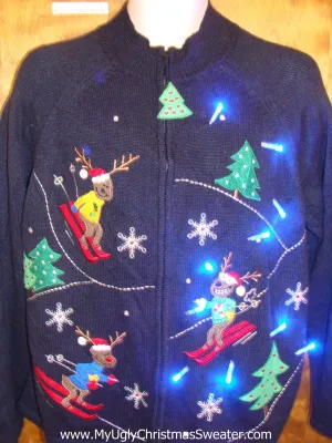 Funny Skiing Reindeer Light Up Ugly Xmas Sweater