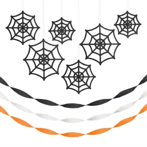 Halloween Party Supplies - Hanging Spiderwebs with Black, Orange, and White Crepe Streamer Decorations