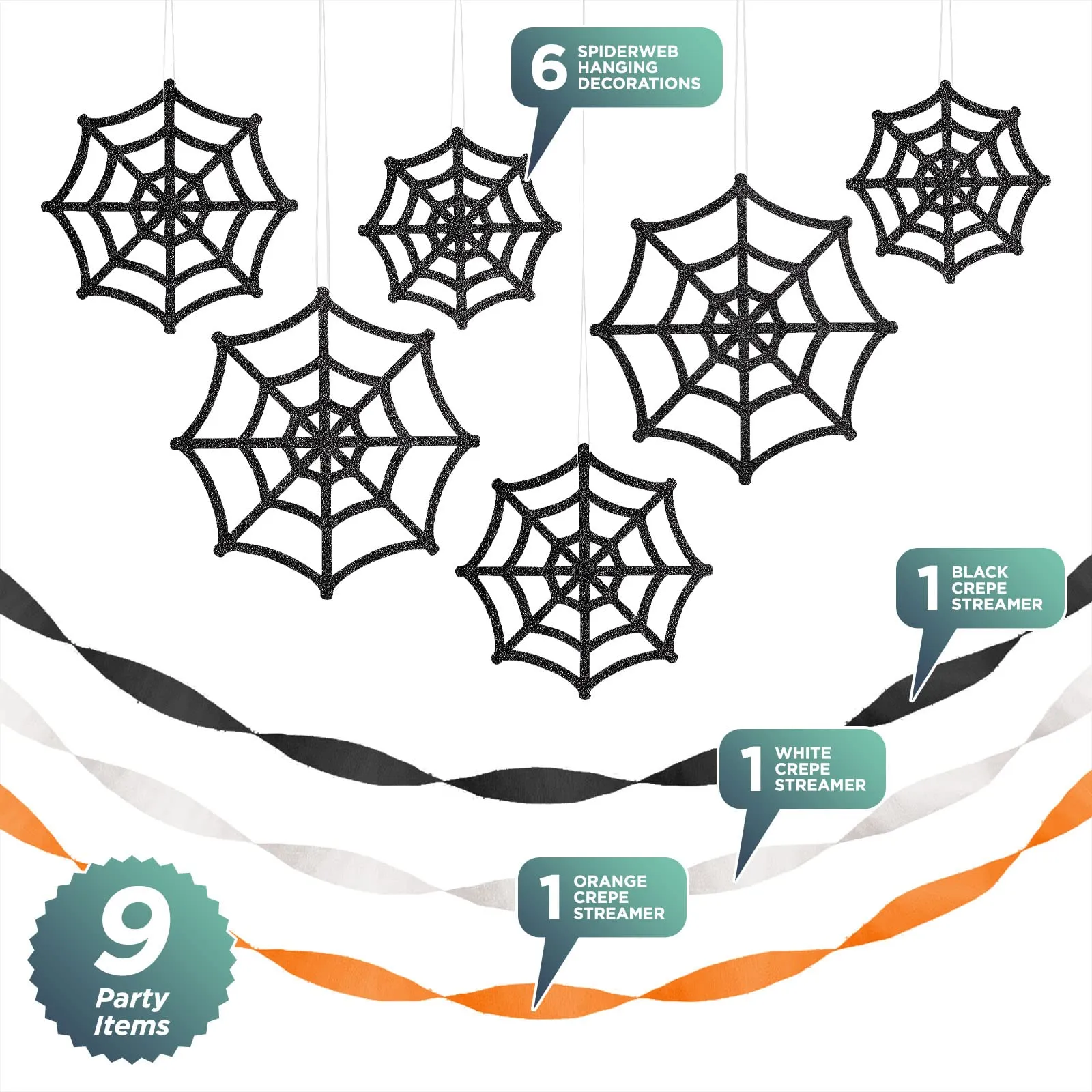 Halloween Party Supplies - Hanging Spiderwebs with Black, Orange, and White Crepe Streamer Decorations