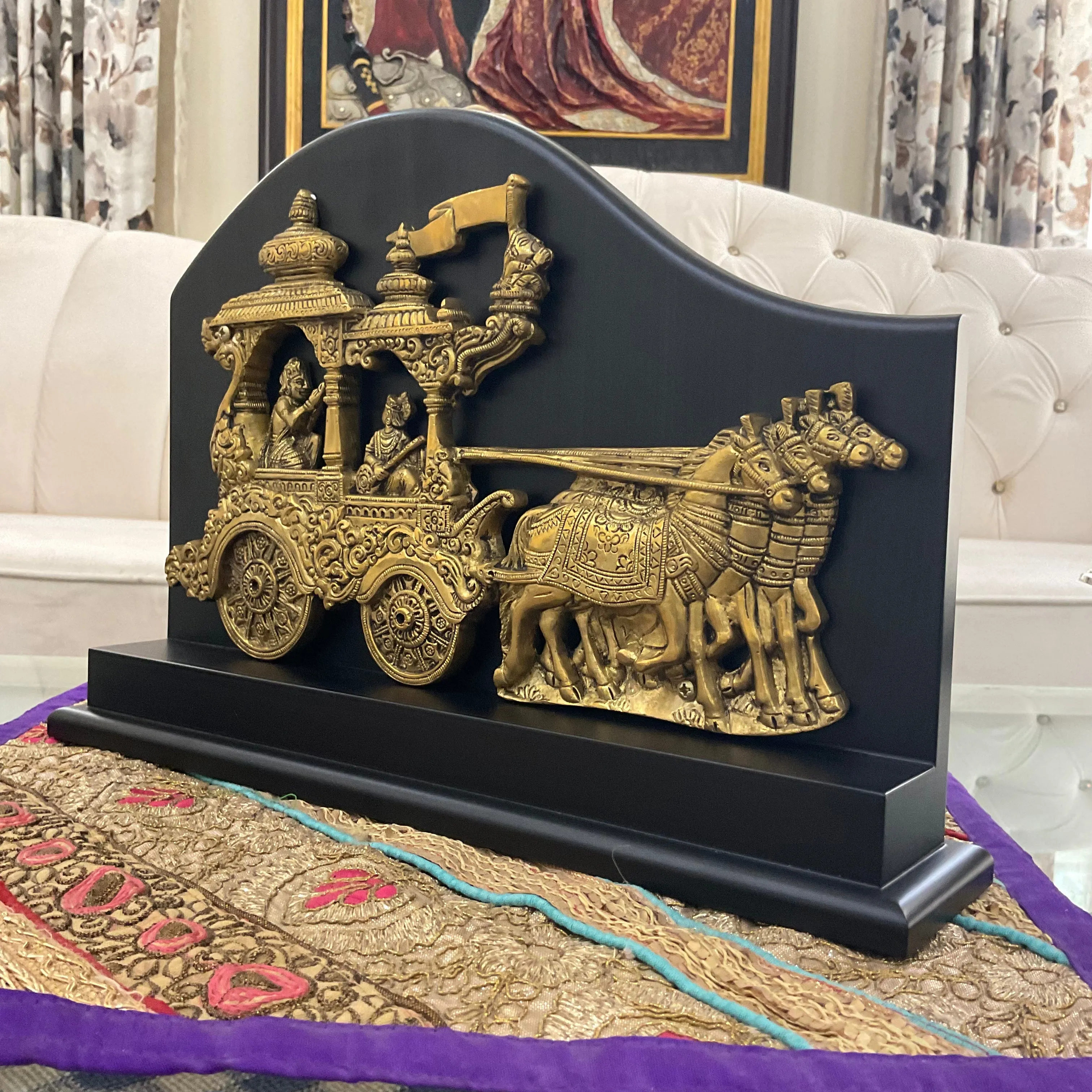 Krishna Arjun Rath Brass Wooden Table Decor - Traditional Office & Home Decor