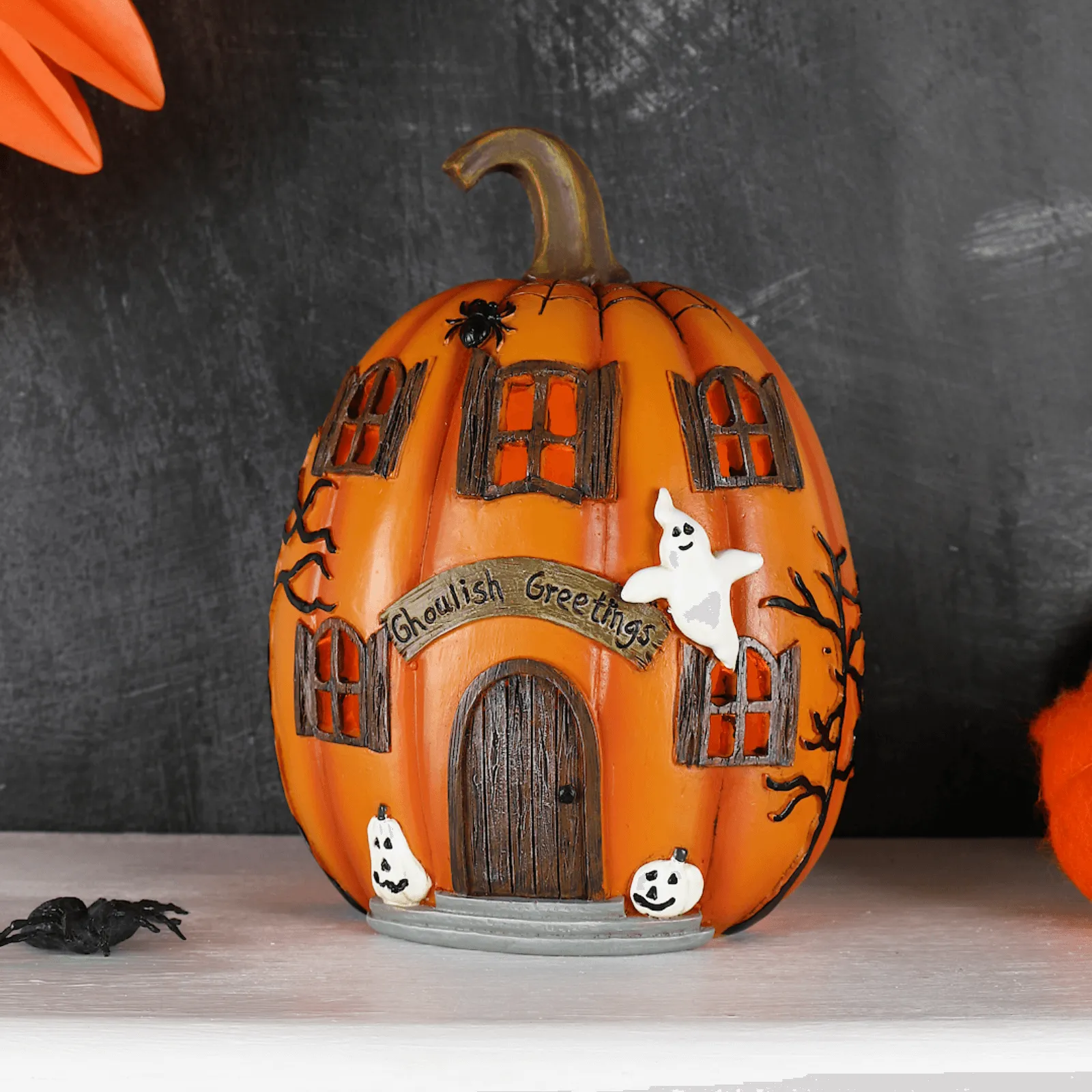 LED Pumpkin House Ghoulish Greetings Halloween Decoration 19cm