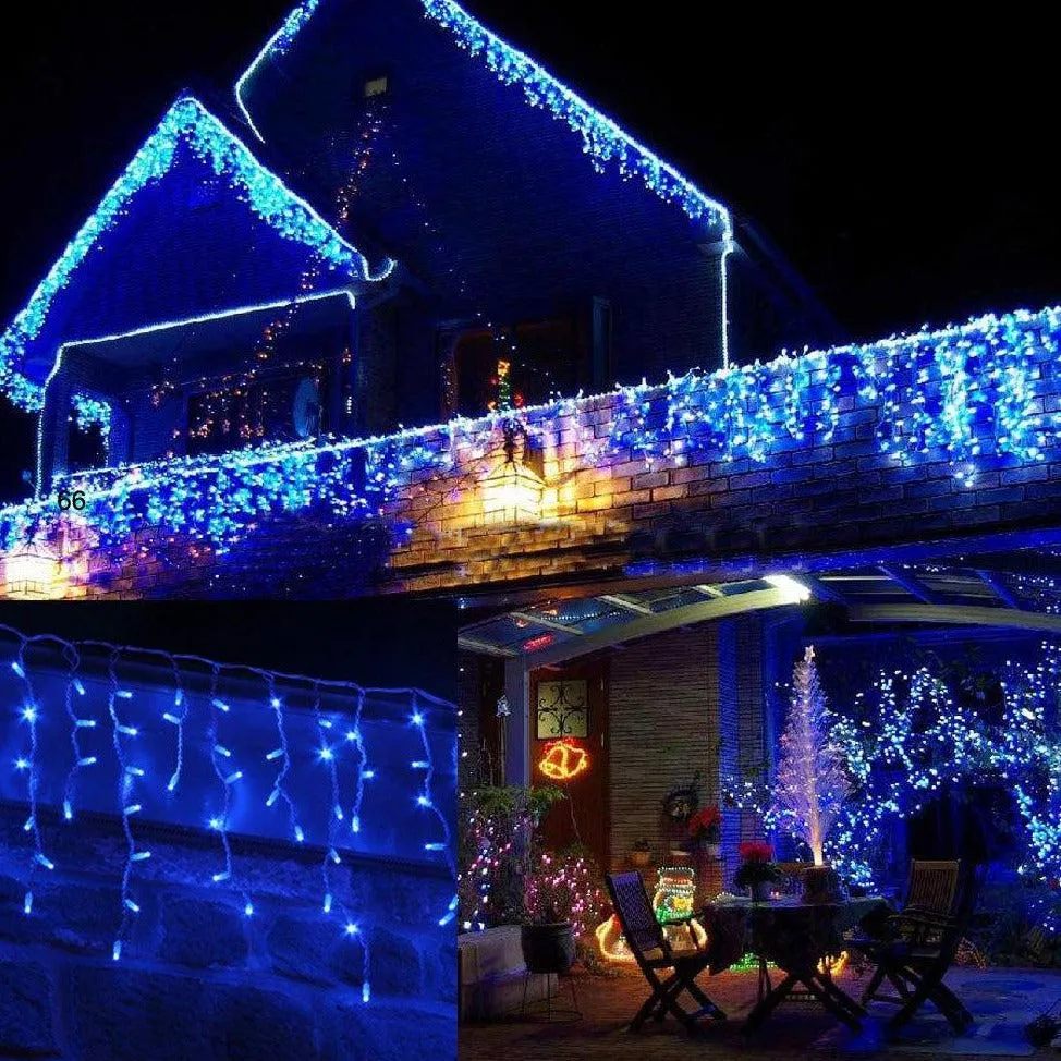 LED Snowing Icicle Indoor & Outdoor Christmas Fairy Lights with White Cable (480 Lights) - Blue Lights