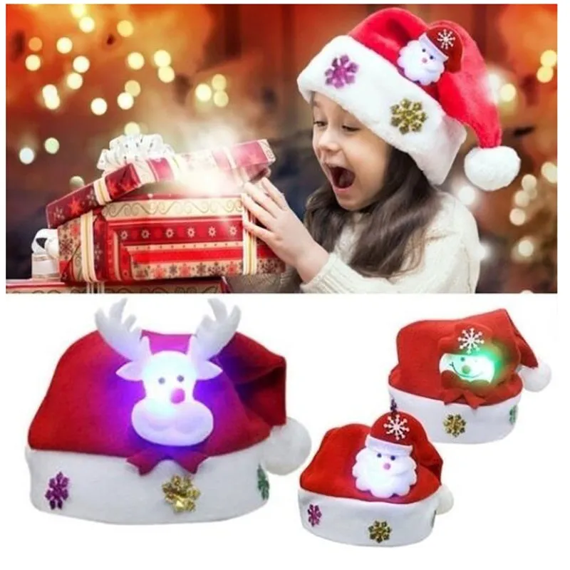Merry Christmas Hat Light Up LED Cap Snowman ElK Santa Claus Hats For Kids Children Adult Xmas Gift Decoration