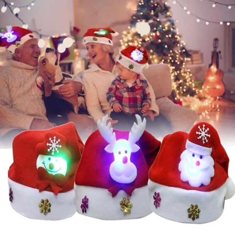 Merry Christmas Hat Light Up LED Cap Snowman ElK Santa Claus Hats For Kids Children Adult Xmas Gift Decoration