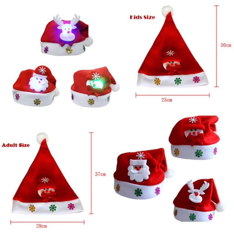 Merry Christmas Hat Light Up LED Cap Snowman ElK Santa Claus Hats For Kids Children Adult Xmas Gift Decoration