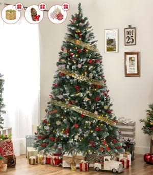 modern Firstness 6ft Pre-Lit Artificial Christmas Tree w/ 1200 Branch Tips 300 LED Lights, 80 Pine Cones   Artificial Berries, Gold Ribbon & Snowflake Christmas Decorations, Metal Base 6FT