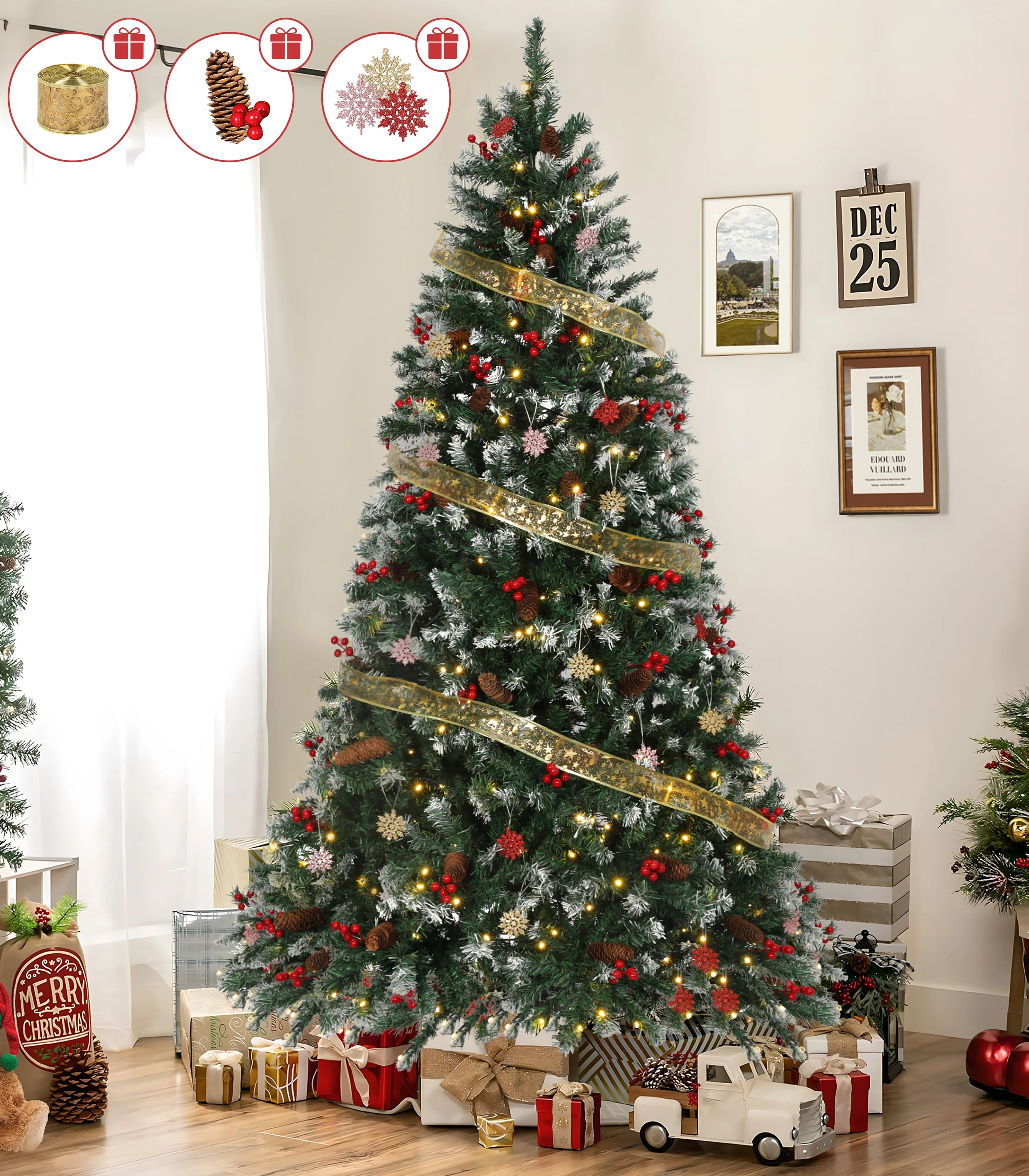 modern Firstness 6ft Pre-Lit Artificial Christmas Tree w/ 1200 Branch Tips 300 LED Lights, 80 Pine Cones   Artificial Berries, Gold Ribbon & Snowflake Christmas Decorations, Metal Base 6FT