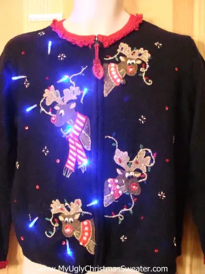Peaking Reindeer Black Festive Light Up Sweater