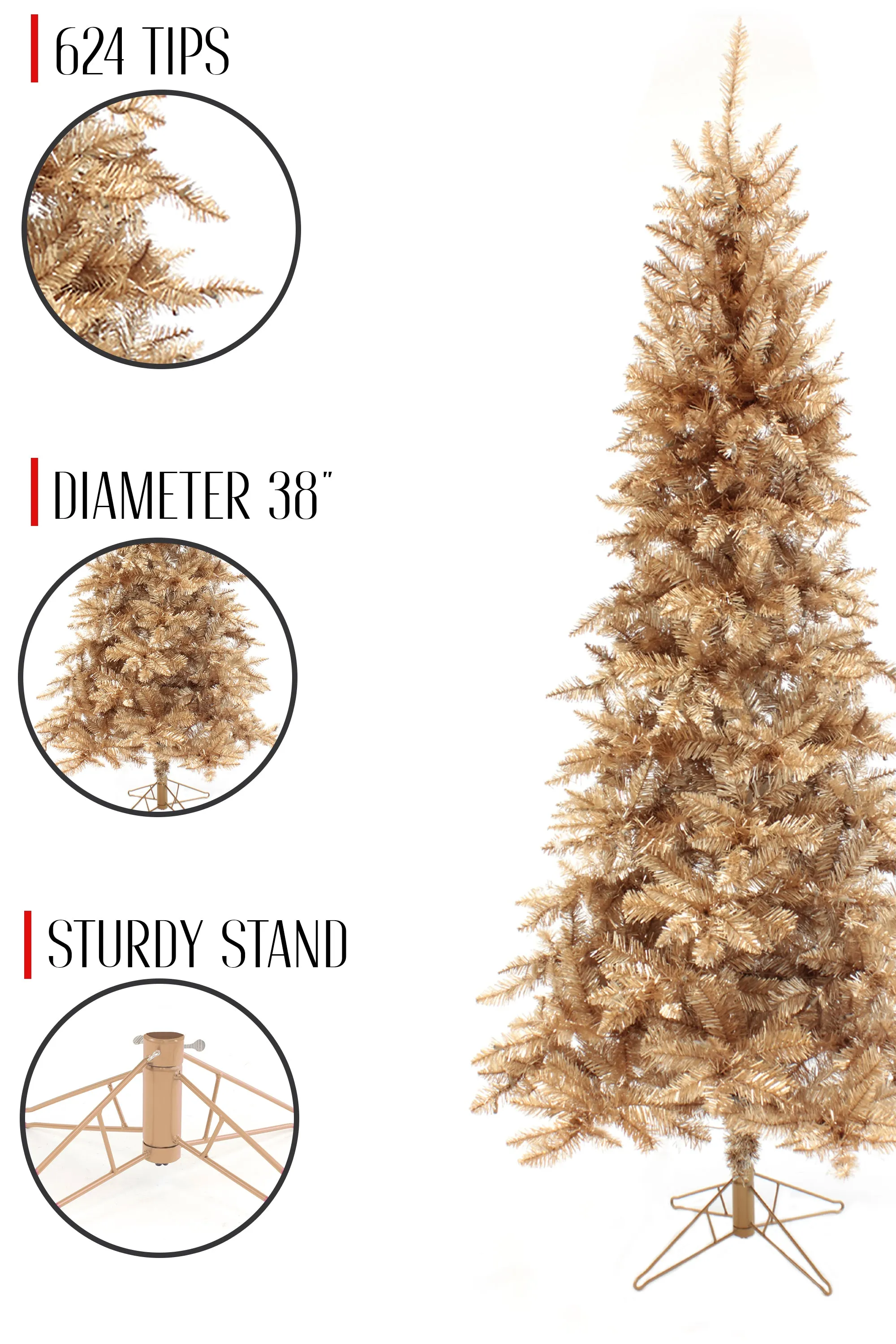 Rose Gold Slim Christmas Tree with Metal Stand