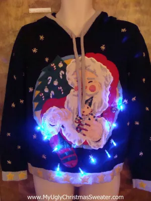 Santa Ugly Christmas Sweater Hoodie with Lights