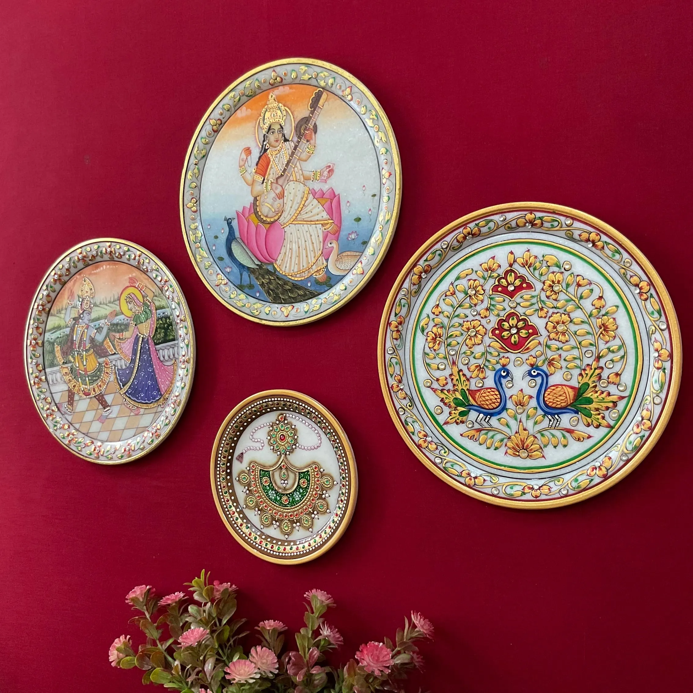 Saraswati Ma, Radha Krishna Meenakari Jewelry Painting (Set of 4) - Wall Hanging - Decorative Round Marble Plate