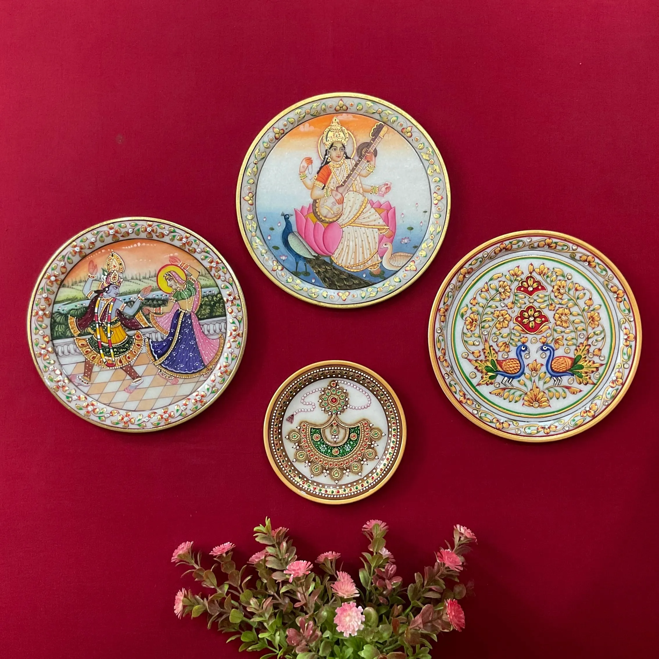 Saraswati Ma, Radha Krishna Meenakari Jewelry Painting (Set of 4) - Wall Hanging - Decorative Round Marble Plate